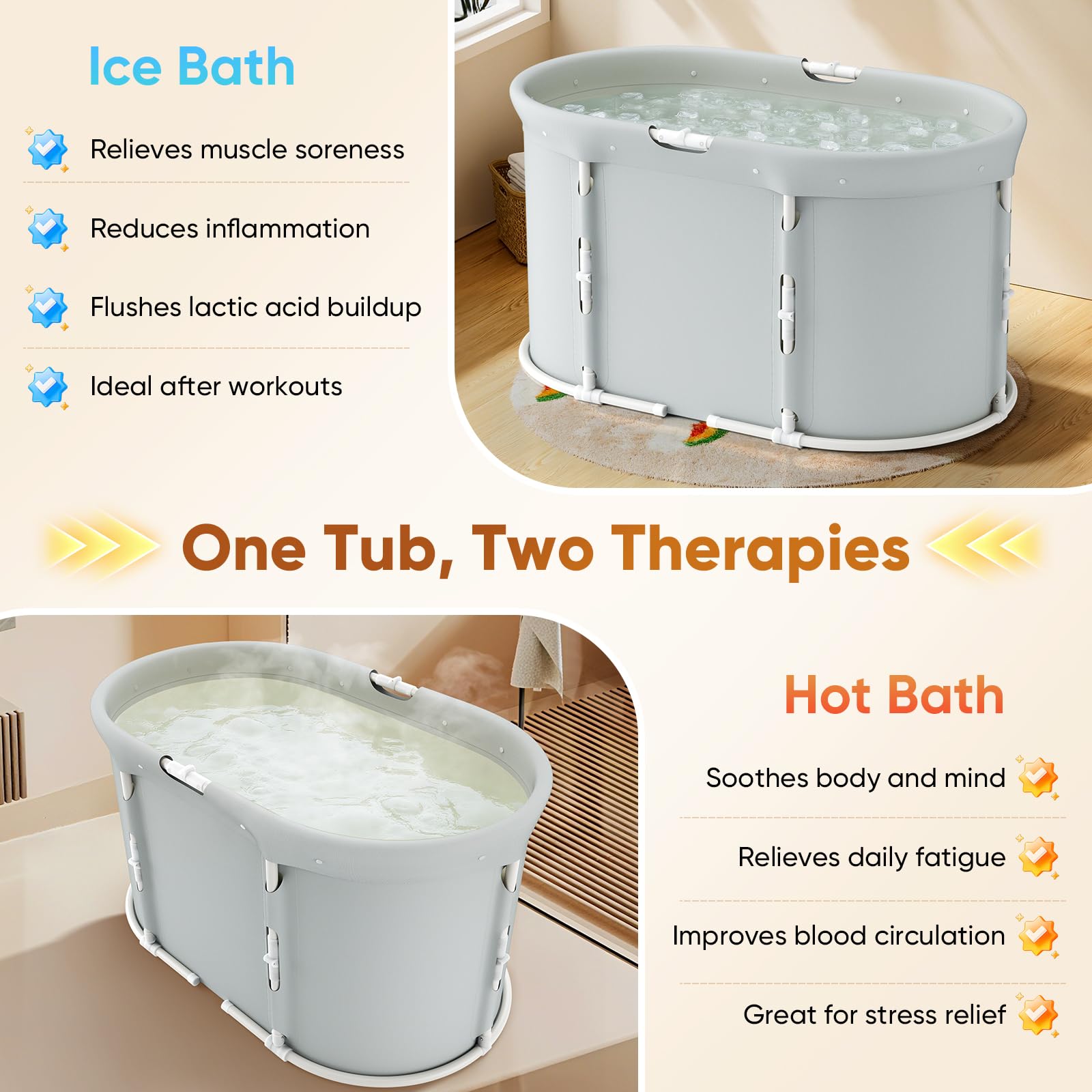 Bañera plegable para ducha, bañera independiente para baño caliente y helado, bañera de hielo portátil para adultos (ovalada)