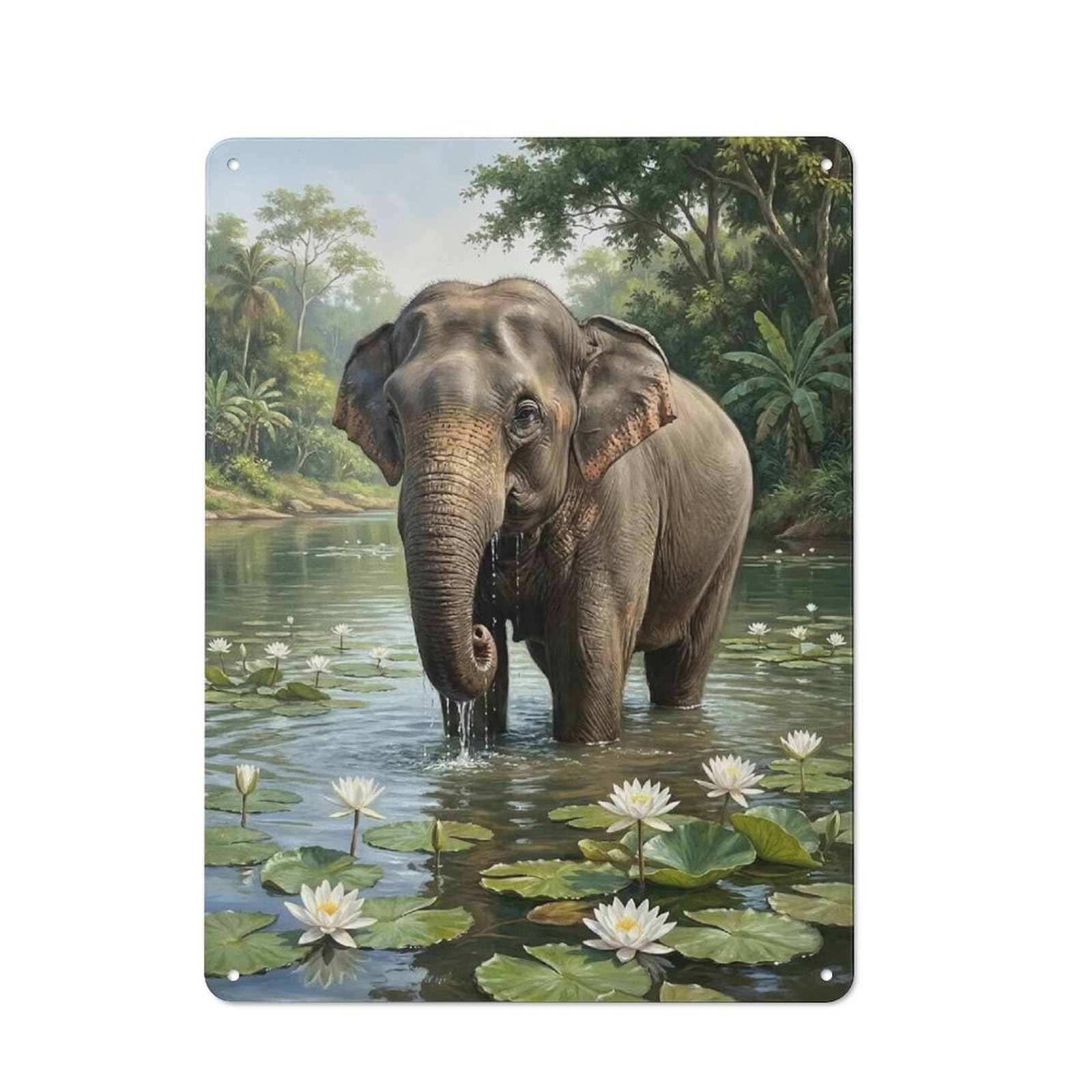 Industrial Metal Sign with Elephant in Water with Lily Pads Design 40x30cm, Modern Retro Loft Wall Plaque for Workspace, Cafe, Hallway Or Garage