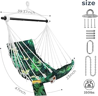SUNWAY Indoor Hamock Chair with Pocket; Hanging Swing for Adult; Rope Swing with Spreader Bar; Hardware Kit Included; Max 350Lbs for Outdoor, Patio, Bedroom, Porch, Deck Green
