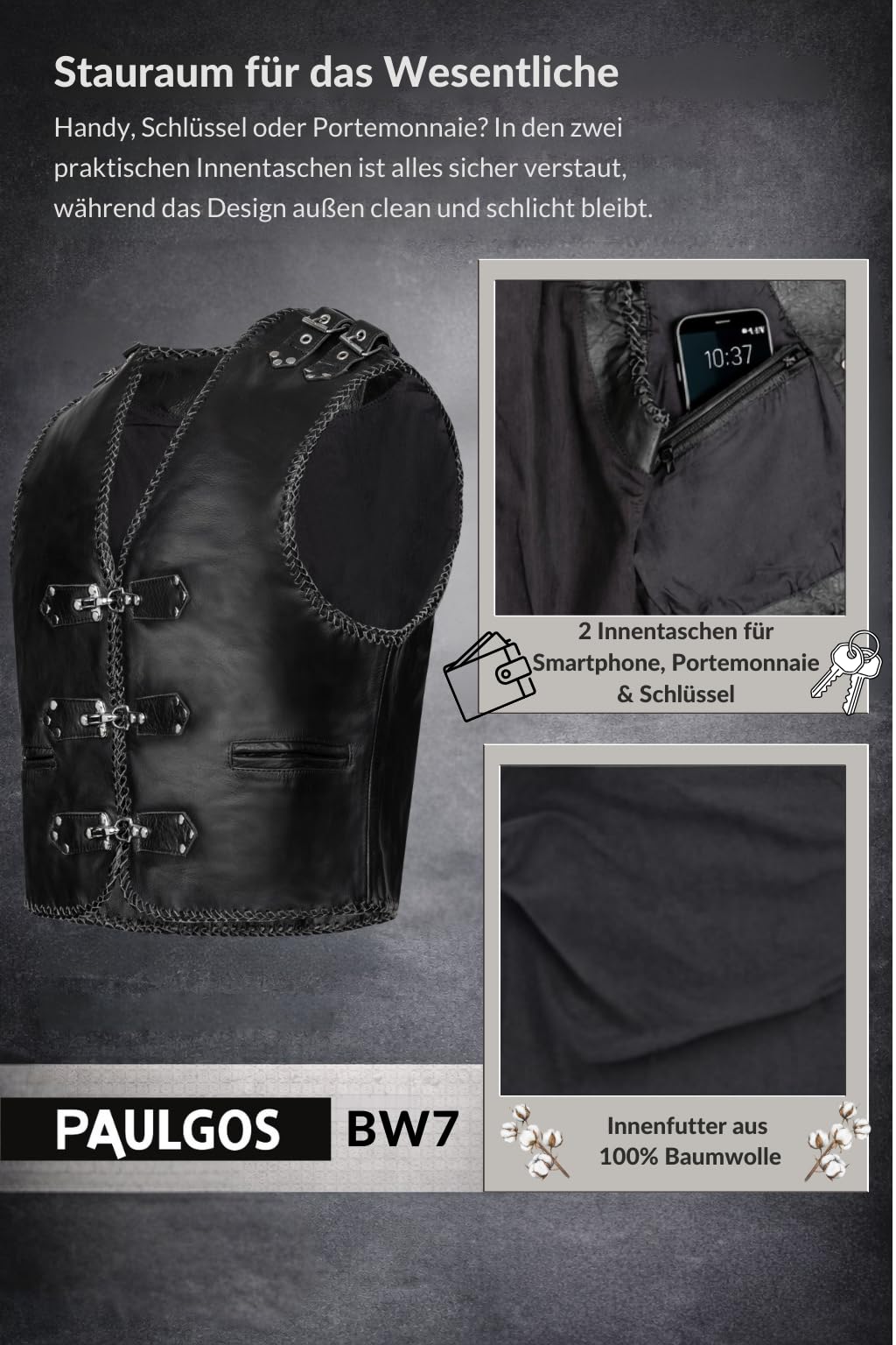 PAULGOS Lederweste Weste Kutte Leder Biker Rocker Motorrad Clubweste Bikerweste Motorradweste Schwarz BW7