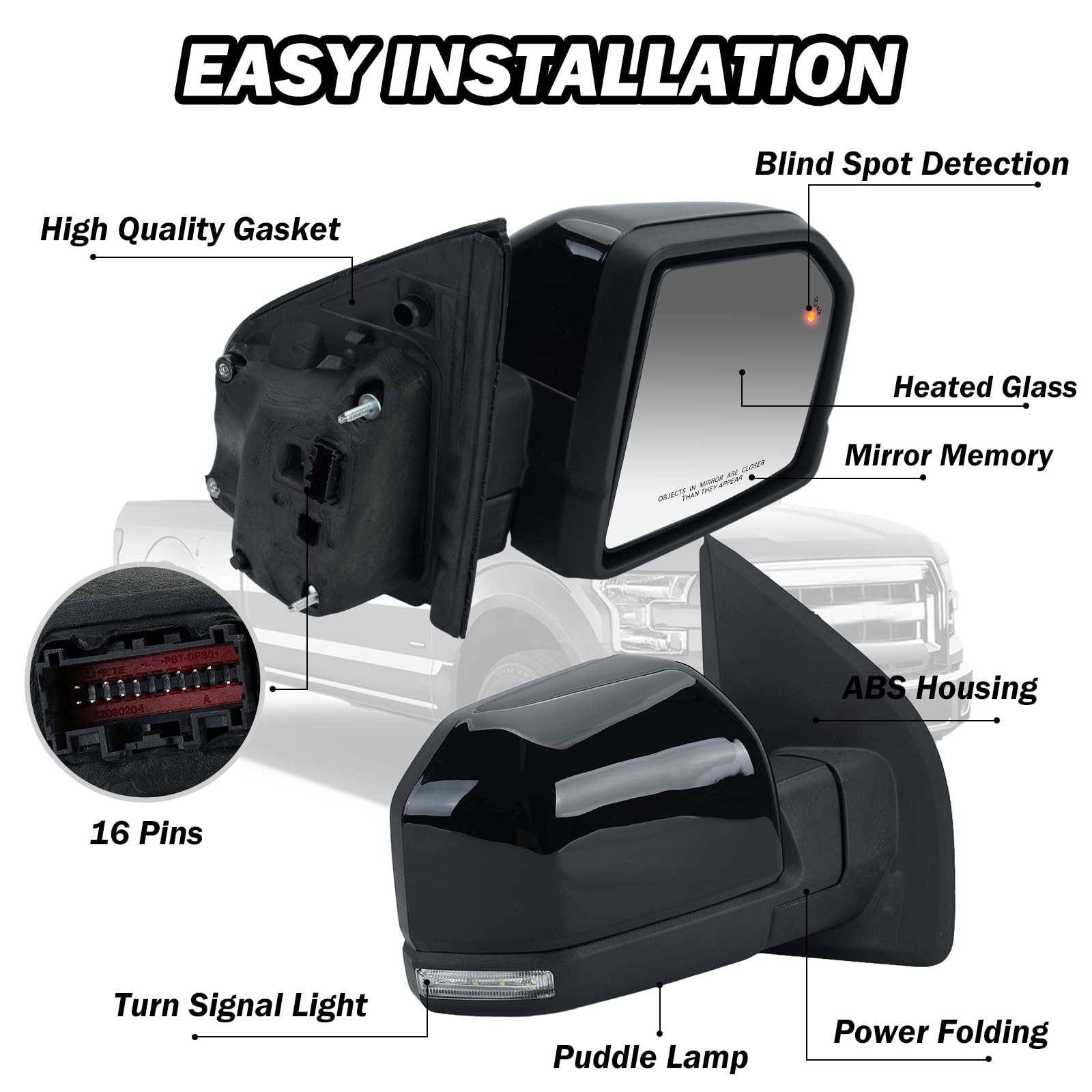 KFFKFF Tow Mirrors, Set of Two for Ford F150 (2015-2018), Power KFFKFF Tow Mirrors, Set of Two for Ford F150 (2015-2018), Power