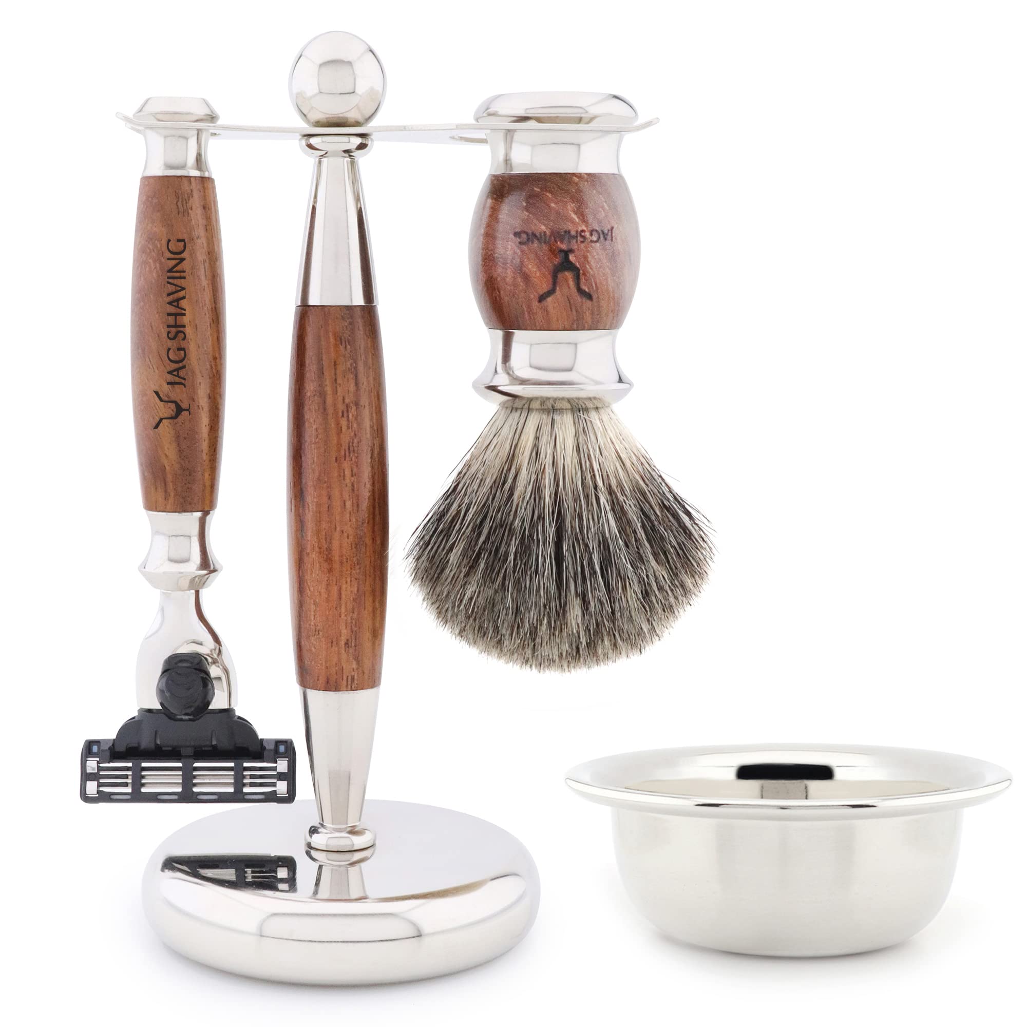 Jag Shaving Rasierset - JAG's LEE Range 5-teiliges Rasierset - Super Dachshaar Rasierpinsel - 3 Rasierklingen Rasierhobel - Rasierständer aus Edelstahl und Holz - Rasierschale - Holz Set