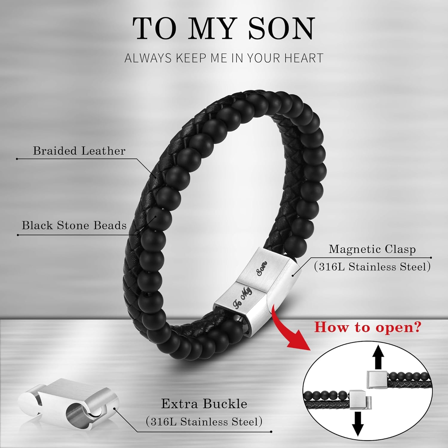 LUXEJEW Gifts for Men - Beaded Leather Bracelet 6mm Matte Agate Stone Bracelets for Men Dad Son Husband Boyfriend Grandpa Grandson Brother Uncle Nephew Adjustable Magnetic Clasp - Image 6