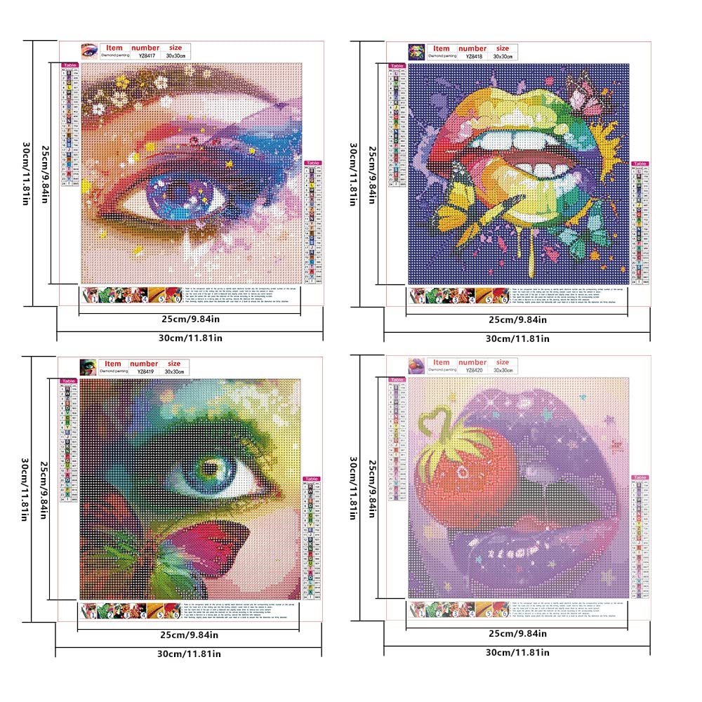 Diamond Painting 4 Pezzi 30x30 cm Diamond Painting Occhi e Bocca Colorati Diamond Painting Pop Art Quadri con Perline 5D Mosaico Fai Da Te Pittura con i Numeri kit Mosaico Punto Croce