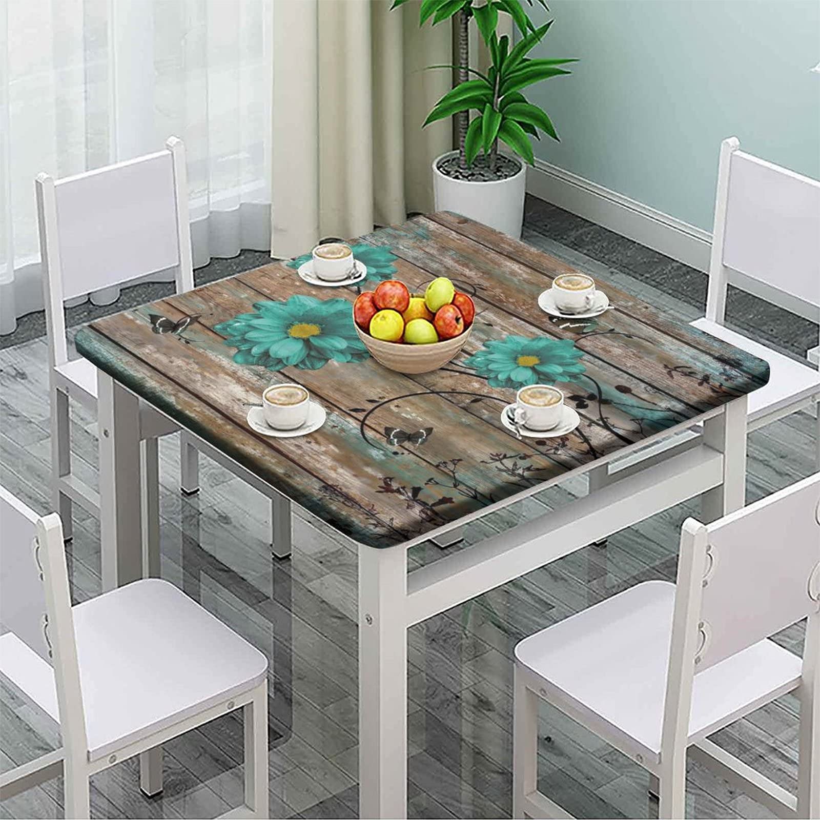 Square Fitted Tablecloth with Elastic, Waterproof Farmhouse Rustic Tablecloths for Outdoor Camping Picnic, Daisy Print Fabric Wipeable Table Cloths Fits Tables up to 36