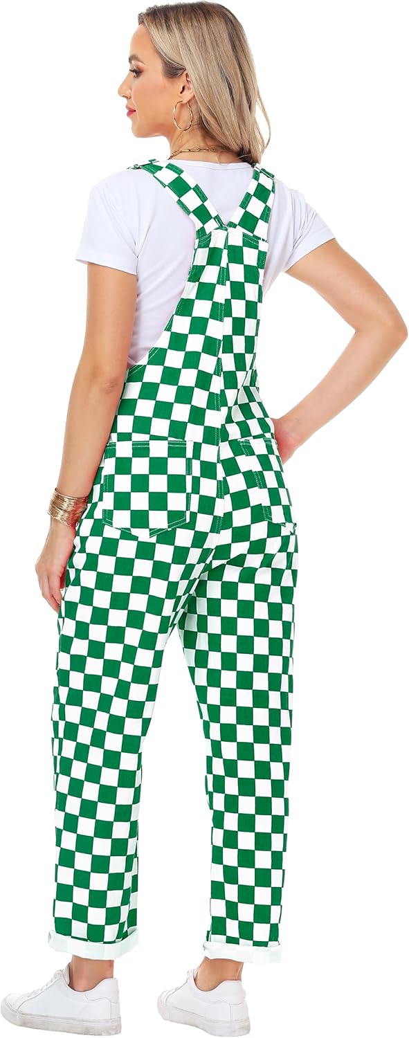 Womens Checkered Bibs Overalls Cotton Denim Coveralls Stretch Jeans Jumpsuit - Image 7