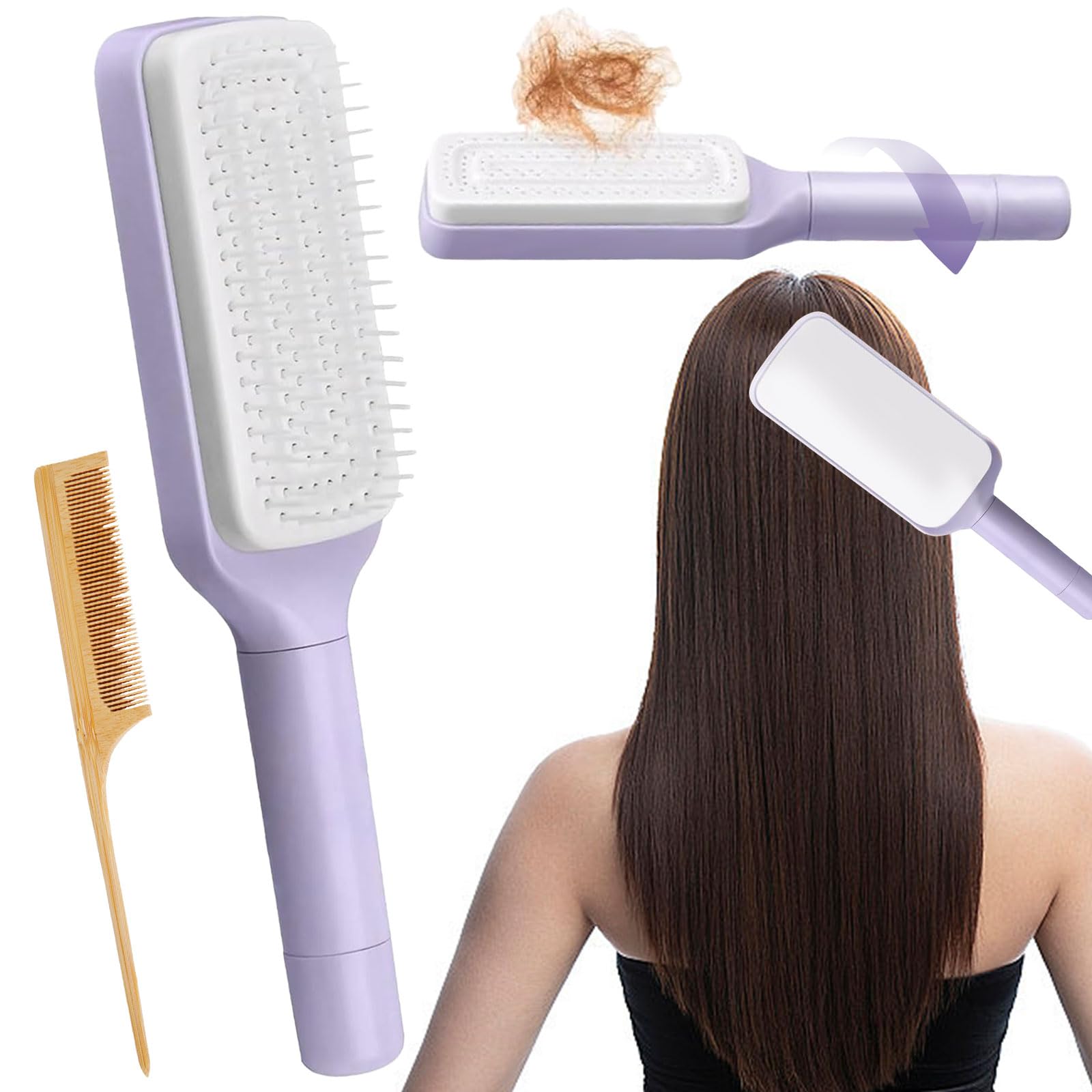 Self Cleaning Hair Brush with Rat Tail Comb, Retractable Hair Brush for Women Easy Hair Removal
