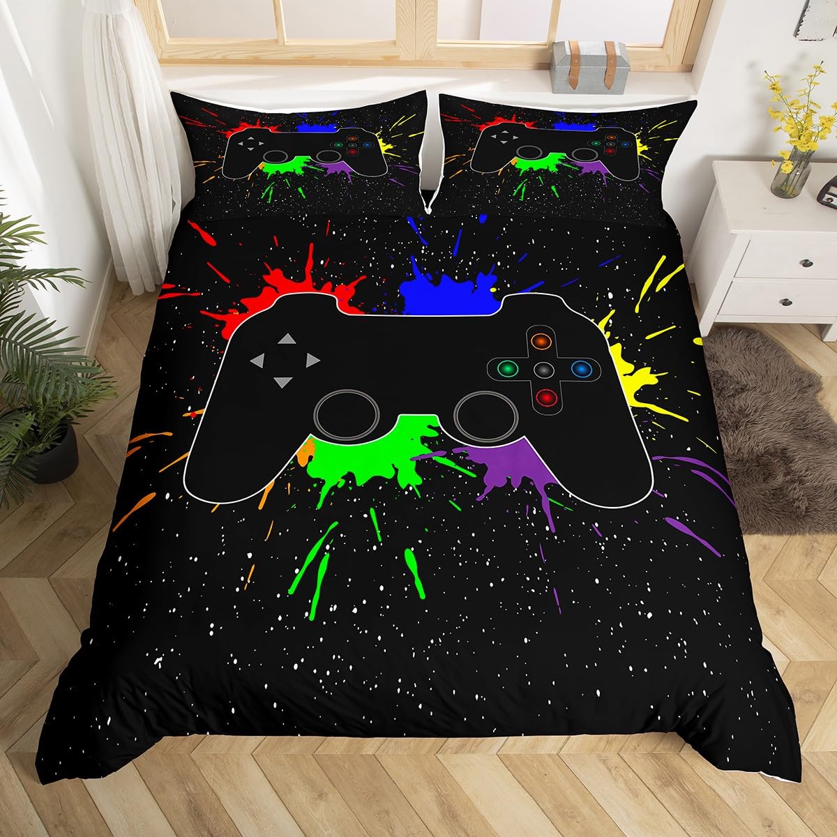 Bettwäsche-Set für Jungen, Größe 220 x 240, Bettbezug für Kinderzimmer, Aquarell, Tie Dye Gamer, Bettbezug, Dekoration, Schlafzimmer, 3-teilig, Bettwäsche aus Mikrofaser