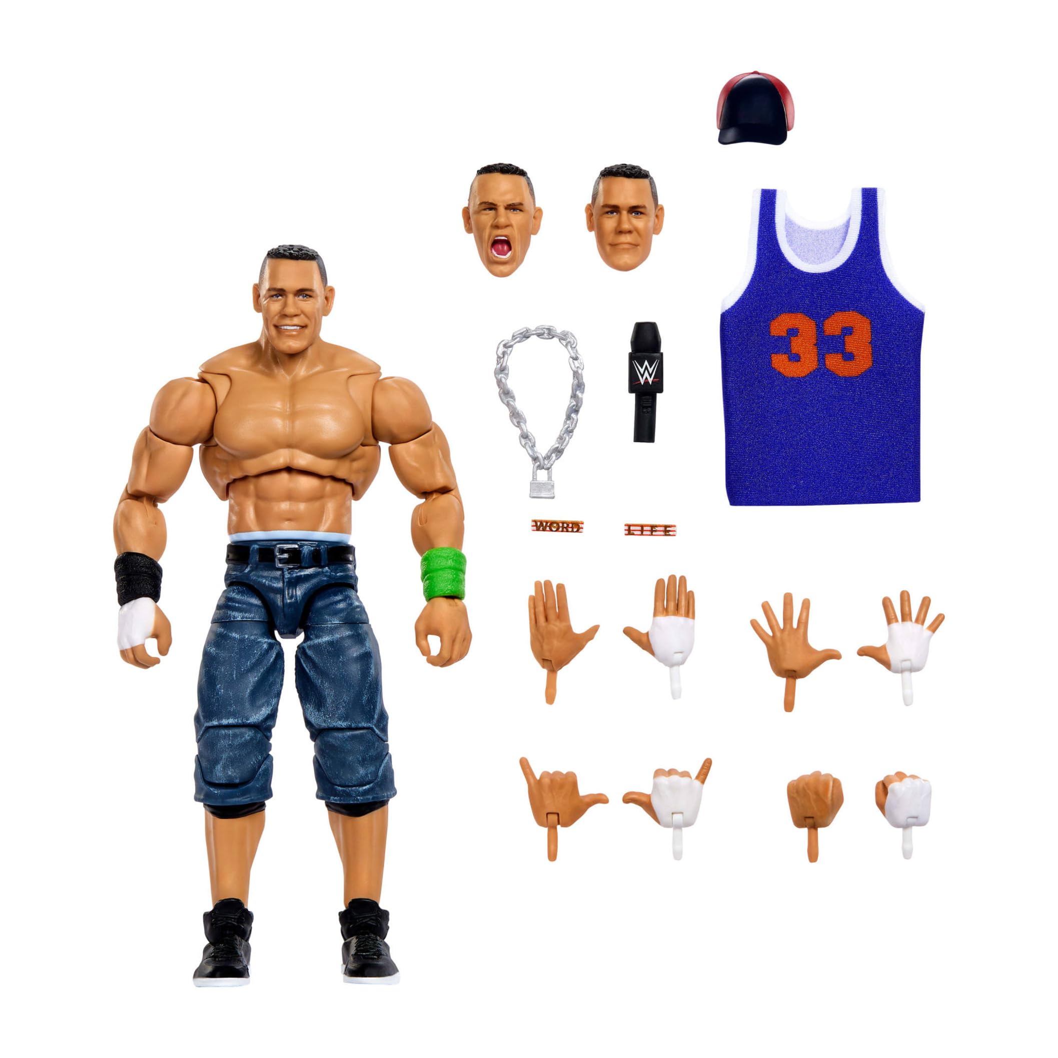 Mattel WWE Ultimate Edition John Cena Figura de acción de 15,24cm y conjunto de accesorios, más de 10piezas, incluye cabezas y manos intercambiables, JCX42