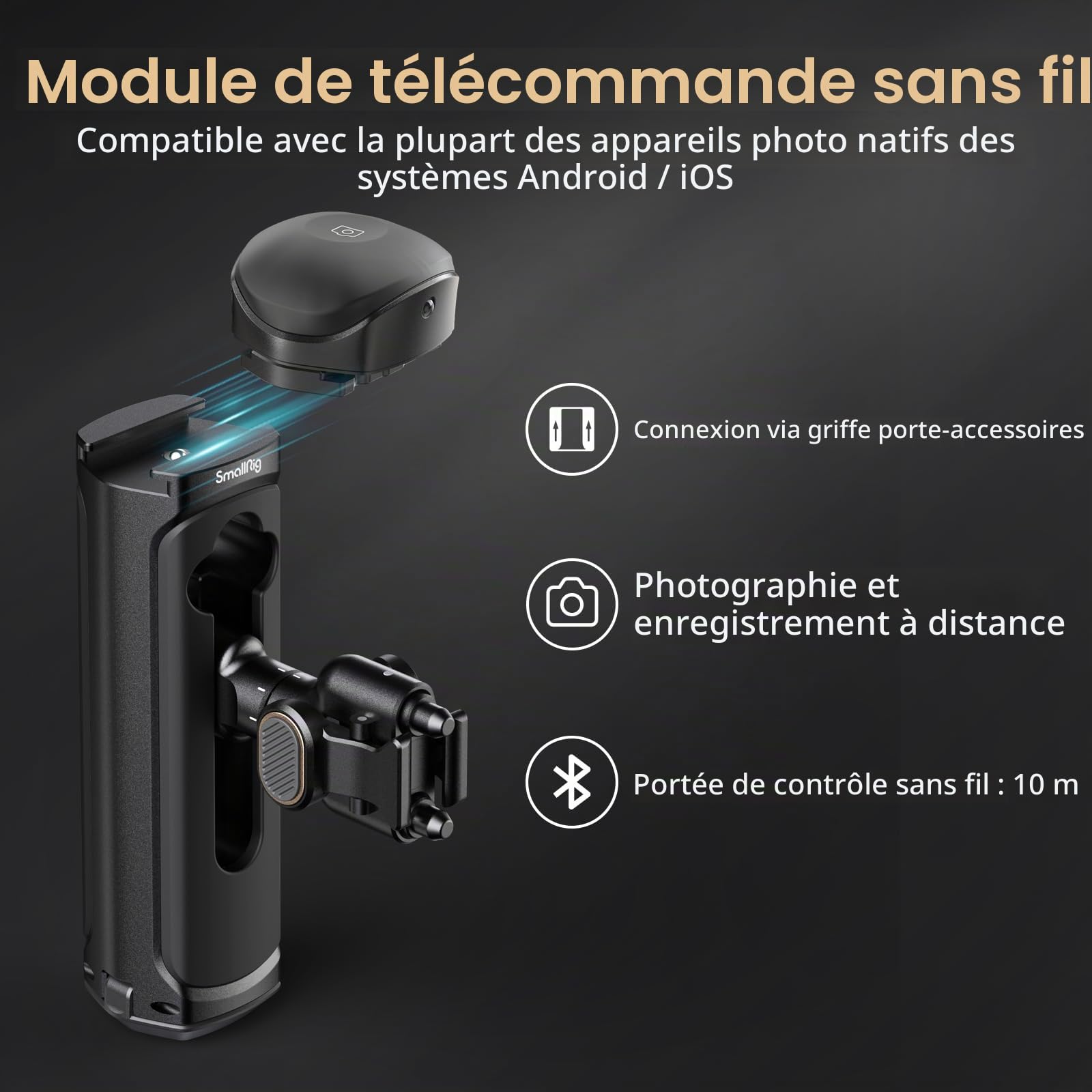 SMALLRIG Rotatif Poignée Latérale de Commande sans Fil pour Cages de Smartphone à Dégagement Rapide, avec Adaptateur à Dégagement Rapide, Module de Télécommande et Cold Shoe Intégrée - 4402B