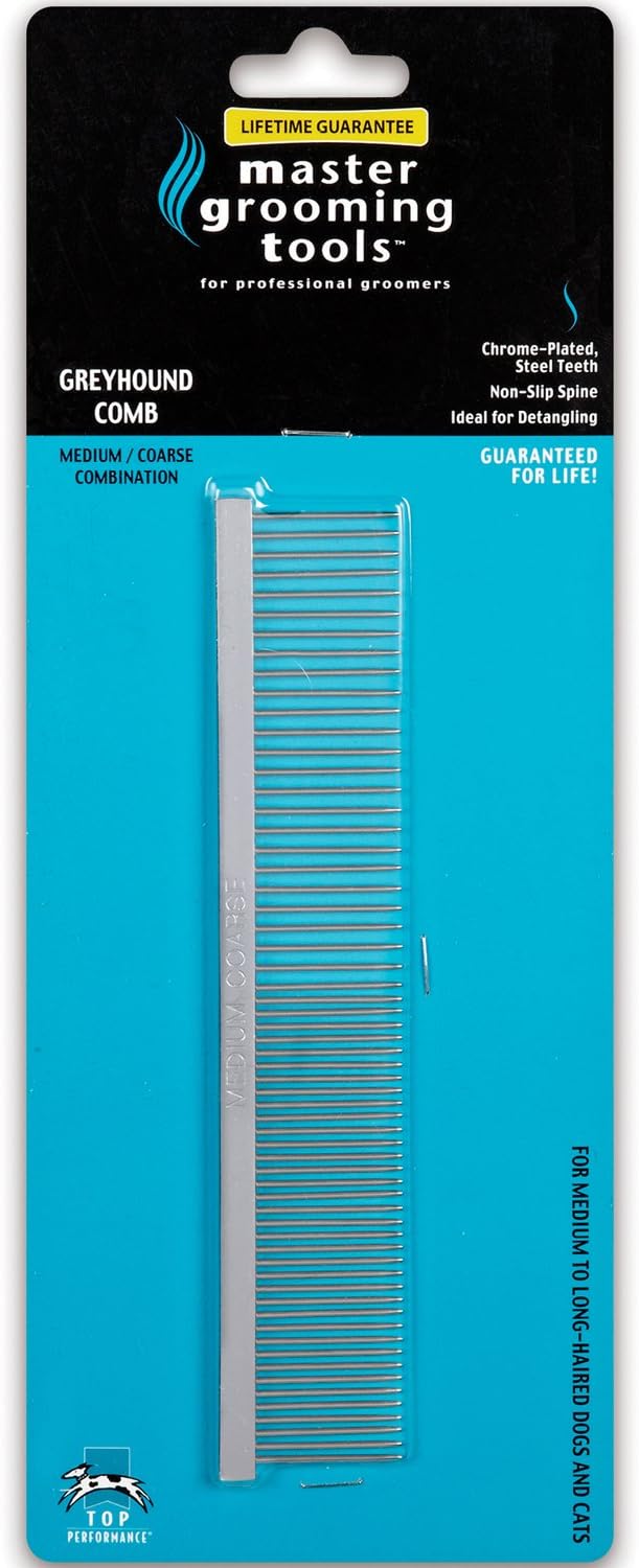 Master Grooming Tools Greyhound Combs — European-Style Combs for Grooming Dogs - Medium/Coarse, 7½",Chrome