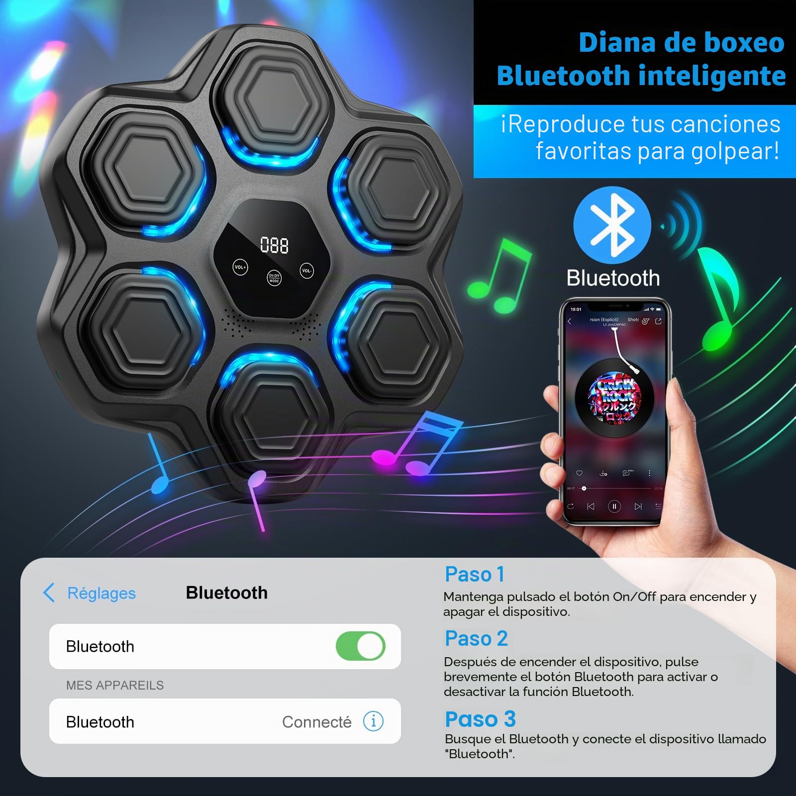 Máquina de Boxeo Musical Adulto Beatpunch Máquina Boxeo Música de Pared con Luz LED y Guantes de Boxeo, Beat Punch Máquina Boxeo Musical para Adultos/Niños, Artículos de Entrenamiento para Boxeo Casa