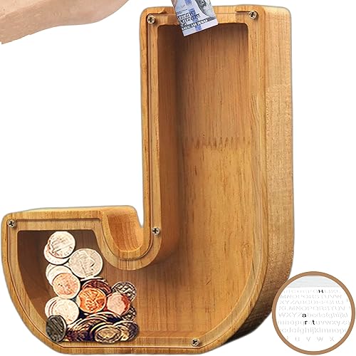 Miniatura 39 de Alcancía para niños y niñas, hucha grande de 26 letras del alfabeto inglés, madera personalizada, caja de ahorro de dinero con nombre personalizado