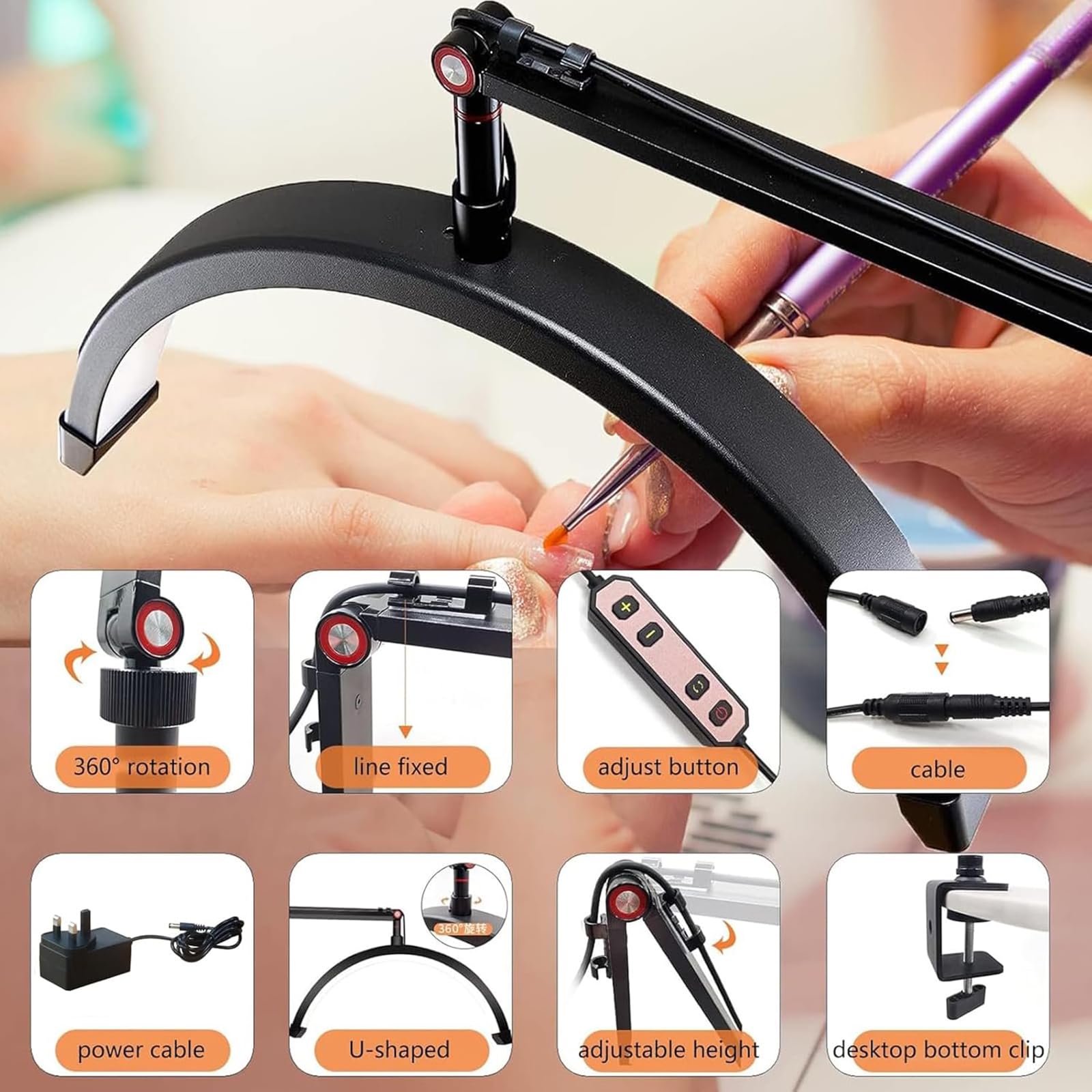 Lampa biurkowa LED półksiężyca, zimne światło o wysokiej jasności, 3-trybowe ściemnianie, uchwyt na telefon komórkowy, obracana o 360° głowica lampy do domu i salonu piękności