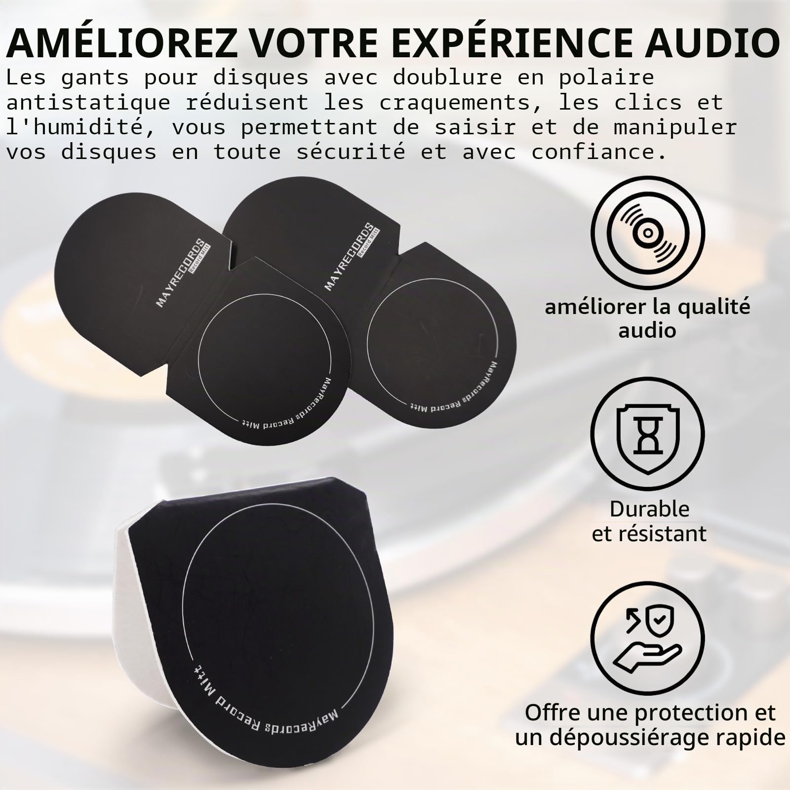 Lot de 4 gants antistatiques pour disques vinyles en microfibre douce (noir)