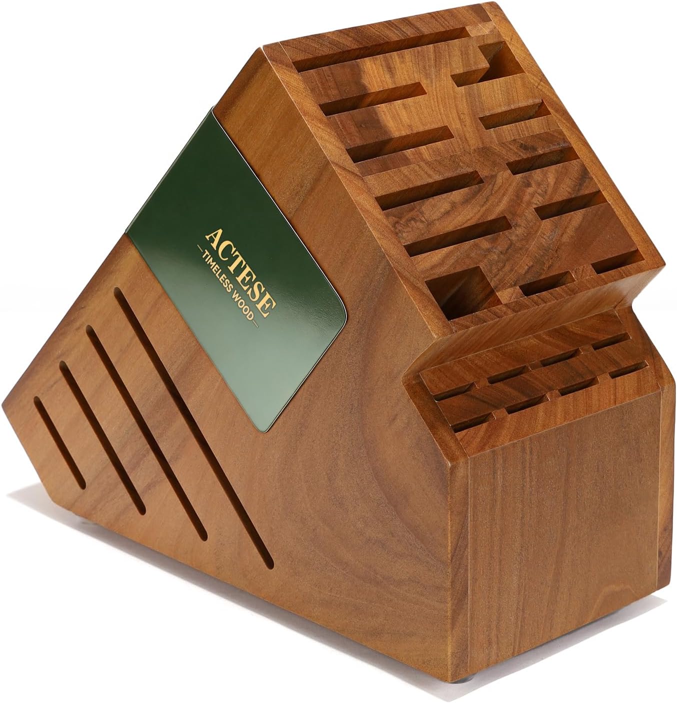 Teak Wood Knife Block Holder without Knives, 20 Slot Large Universal Wooden Knife Block Organizer with Wide Slots and Secure Stand, Countertop Butcher Block for Kitchen Storage