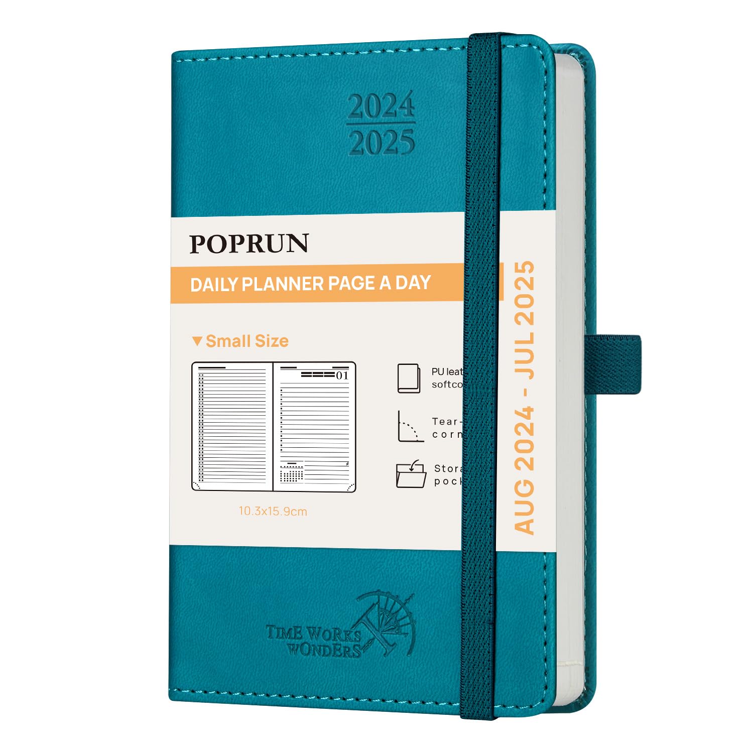 POPRUN Agenda 2024 2025 Dia Por Pagina A6, Diaria 12 Meses 16 x 10,5 cm, Tapa Blanda, Banda Elástica, 70 GSM Papel, Verde Pacífico
