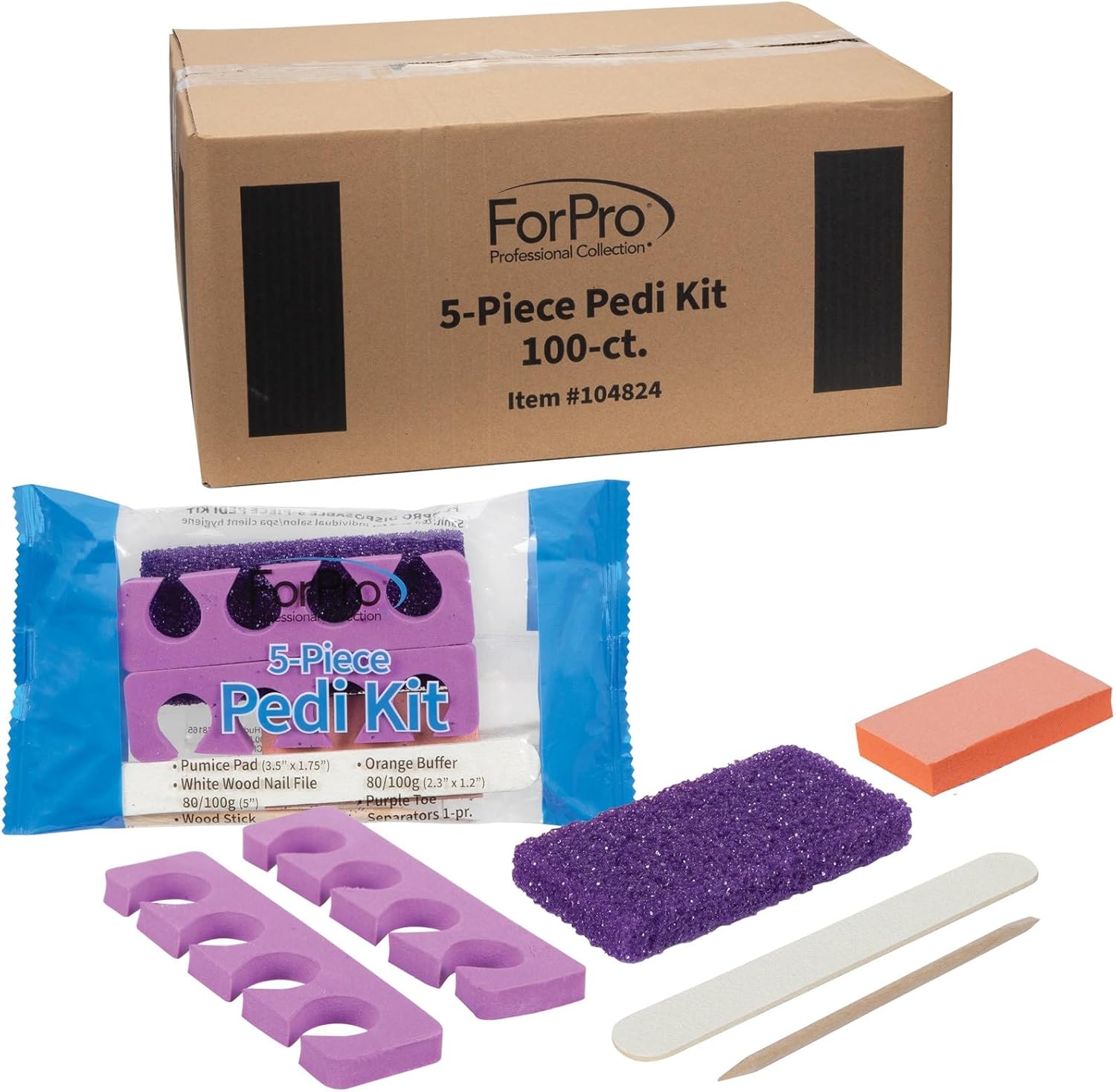 ForPro 5-Piece Pedi Kit, 100-Count, Individually-Packed Pedicure Set, Purple Pumice Pad, Wood Nail File 80/100 Grit, Mini Buffer 80/100 Grit, Wood Stick, Toe Separators 100-Count (Pack of 1)
