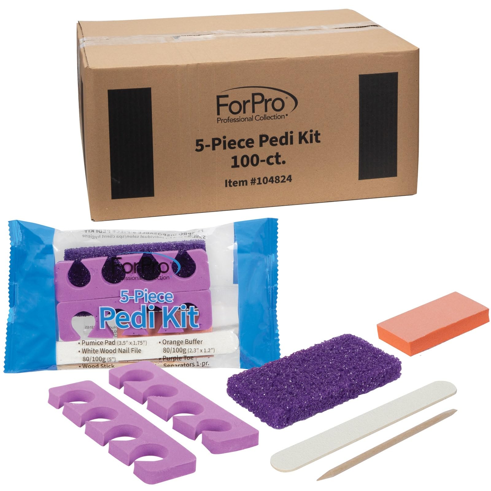 ForPro 5-Piece Pedi Kit, 100-Count, Individually-Packed Pedicure Set, Purple Pumice Pad, Wood Nail File 80/100 Grit, Mini Buffer 80/100 Grit, Wood