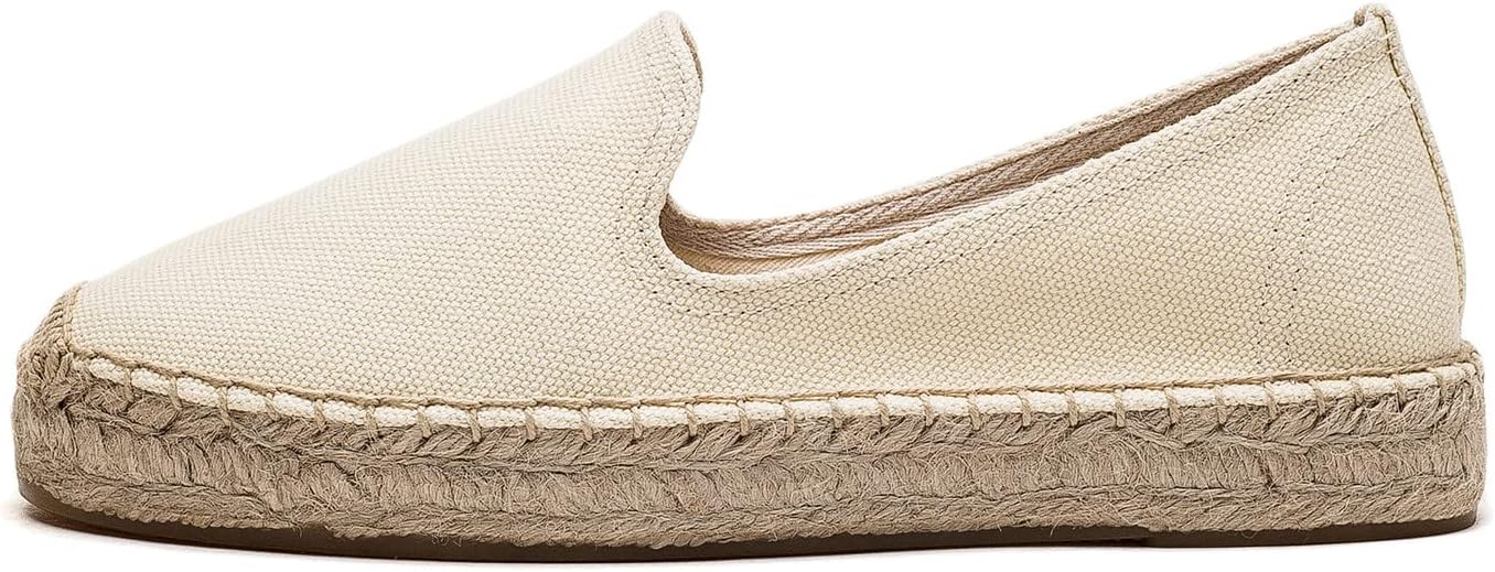 Women's Classic Slip on Flat Shoes Casual Cap-Toe Platform Simple Espadrille Canvas Loafers, Beige (Size Small, Size Up）, 9.5