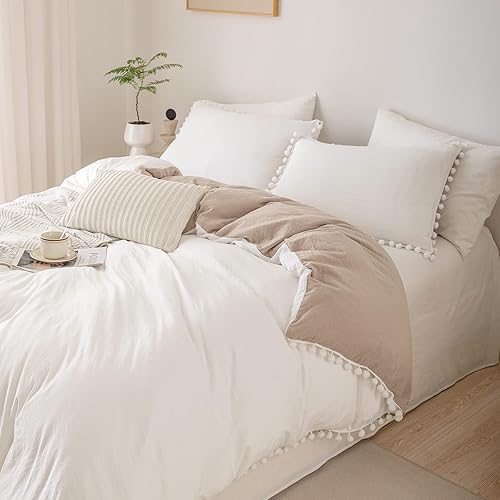 Miniatura 5 de Bedbay Juego de edredón estético bohemio, tamaño Queen, edredón blanco, elegante con pompones, flecos y flecos, juego de edredón ligero de