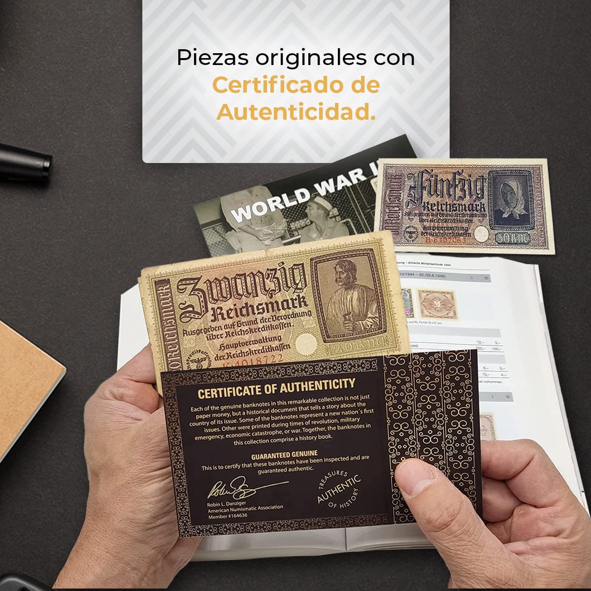 IMPACTO COLECCIONABLES | 2 Billetes Auténticos de la Segunda Guerra Mundial (Invasión del Tercer Reich) | Piezas de Colección Históricas de 20 y 50 Reichsmark con Certificado de Autenticidad