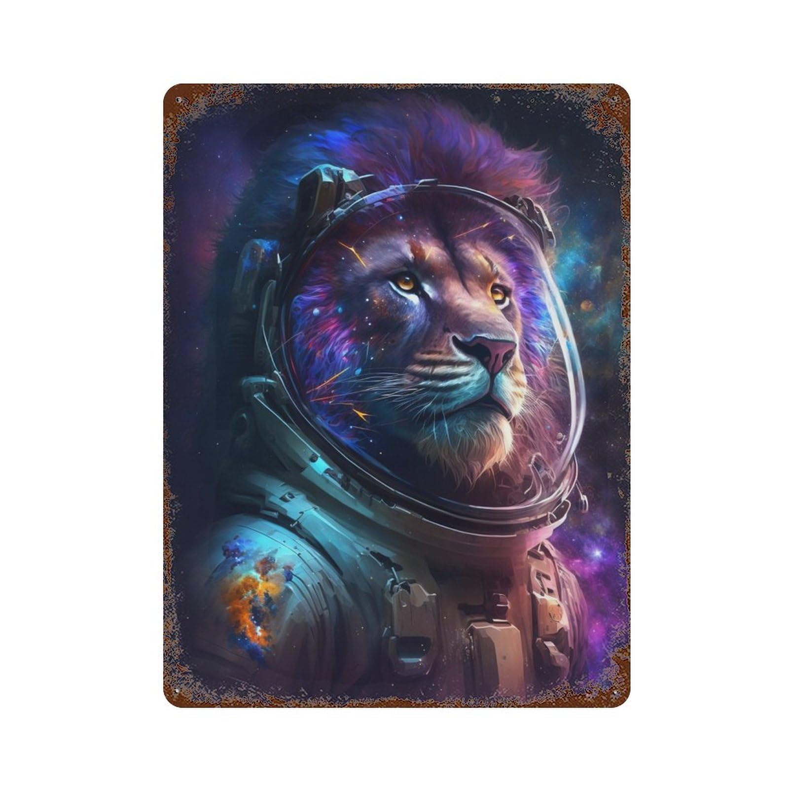 Garage Style Lion Astronaut in Space Suit Vintage Rust Metal Sign 15.7"x11.8", Novelty Wall Decor for Bar And Workshop