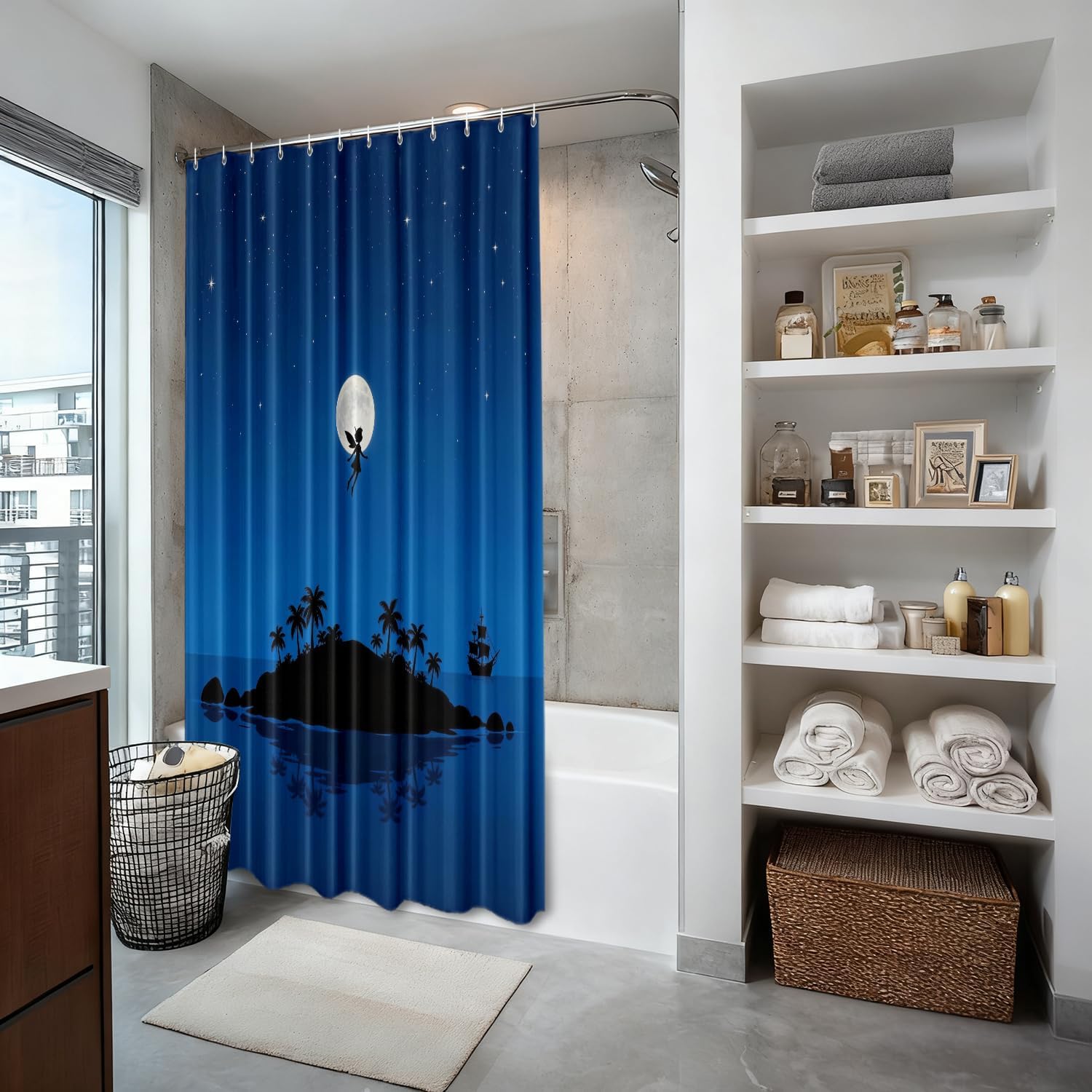 Shrahala Dreamlike Neverland Decorative Shower Curtain, Tinker Bell Pirate Ship Bathroom Décor Polyester Fiber Waterproof with Plastic Rings for Shower Stall Bathtubs 72 x 72 in