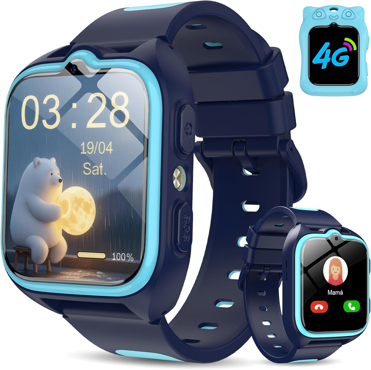 braccialetto intelligente per bambini con display da 1,75 pollici, illuminazione led, posizionamento gps, chiamate video hd, allarme e modalità gioco, pedometro e messaggi vocali in blu