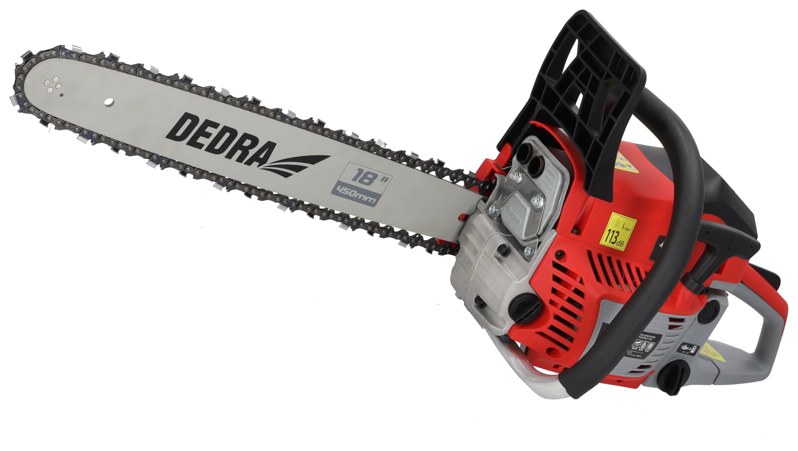 Piła łańcuchowa spalinowa 2,4 kW 58 cm³, szyna prowadząca 18" 45 cm, do 12 000 obr./min, dwusuwowy cylinder, chłodzony powietrzem, prędkość łańcucha 25 m/s, zapewnia wysoką wydajność i równomierne
