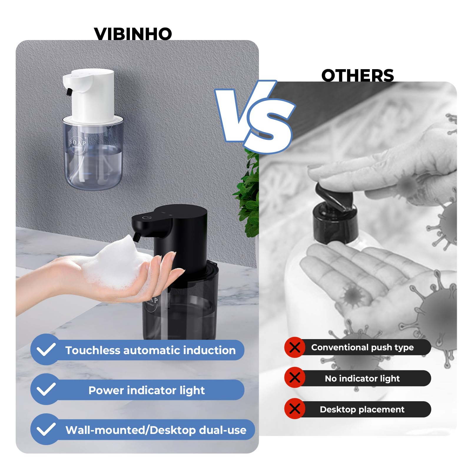 Automatyczny Dozownik Piany Myjącej 400ml, Bezdotykowy z Czujnikiem, 4 Poziomy Regulacji, Wodoodporny IPX5, Ładowanie USB, Do Łazienki i Kuchni, Montaż Ścienny (Bez Wiercenia) - Biały