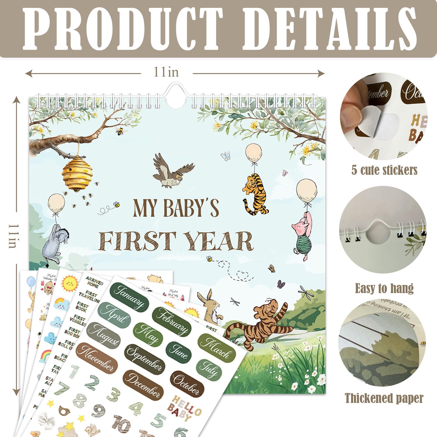 Babykalender Erstes Jahr mit Aufklebern, Winnie Baby Erstes Jahr Erinnerungsbuch, Baby Meilenstein-Kalender, Baby erstes Jahr Andenken Buch, Baby Ultraschall Foto Erinnerungsbuch, Babyparty Gästebuch