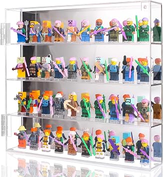 Acrylic Minifigure Display Case, Clear Display Cases for Collectibles with Mirrored, Figure Building Blocks Shadow Box, Small Anime Figure Thimble Showcase Holds 40 Minifigs Figure not Included