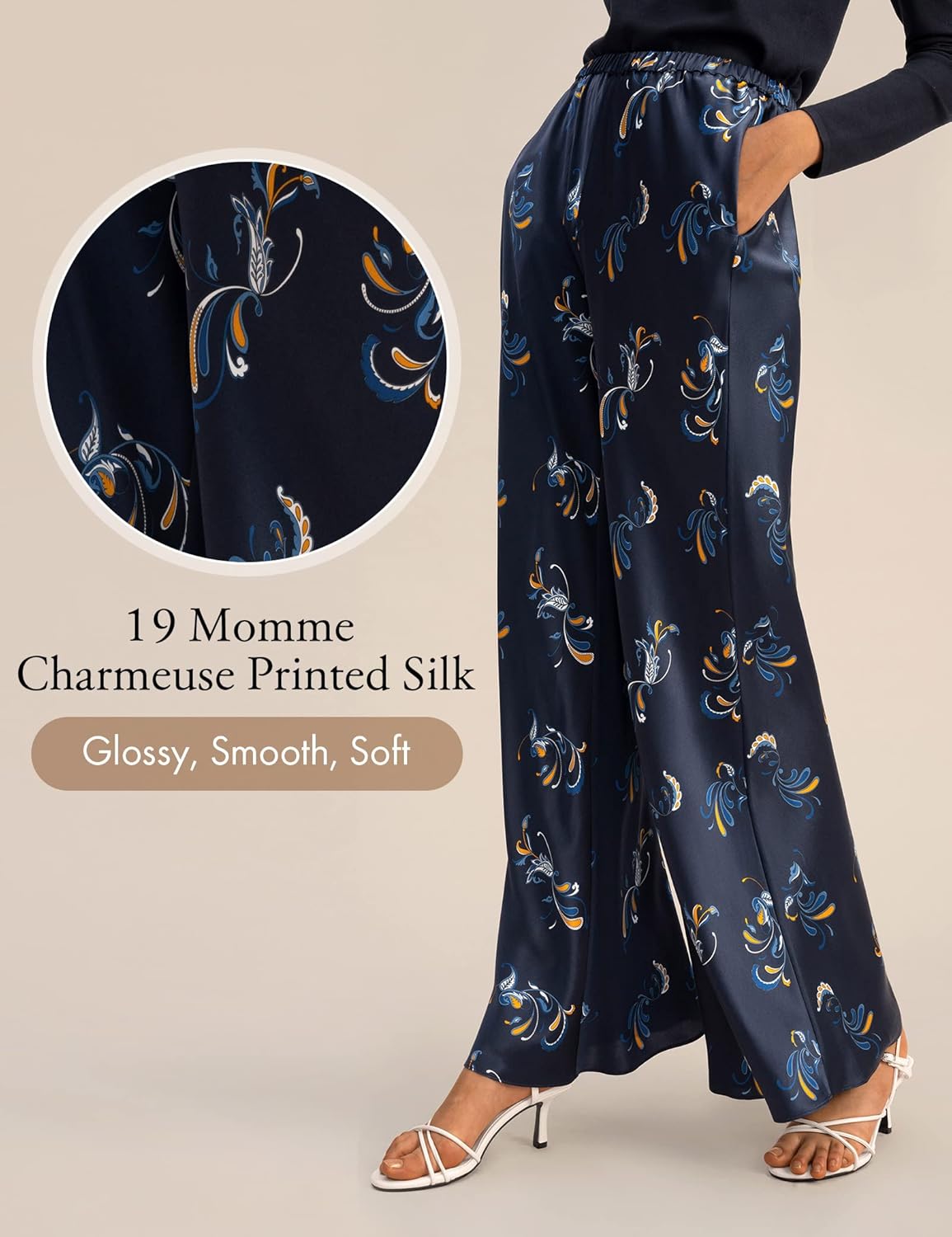 LilySilk Spring Waltz Bias Cut Pants Ptinted Wide Leg Casual Trousers for Women Classic Paisley Soft Lightweight Pants - Image 3