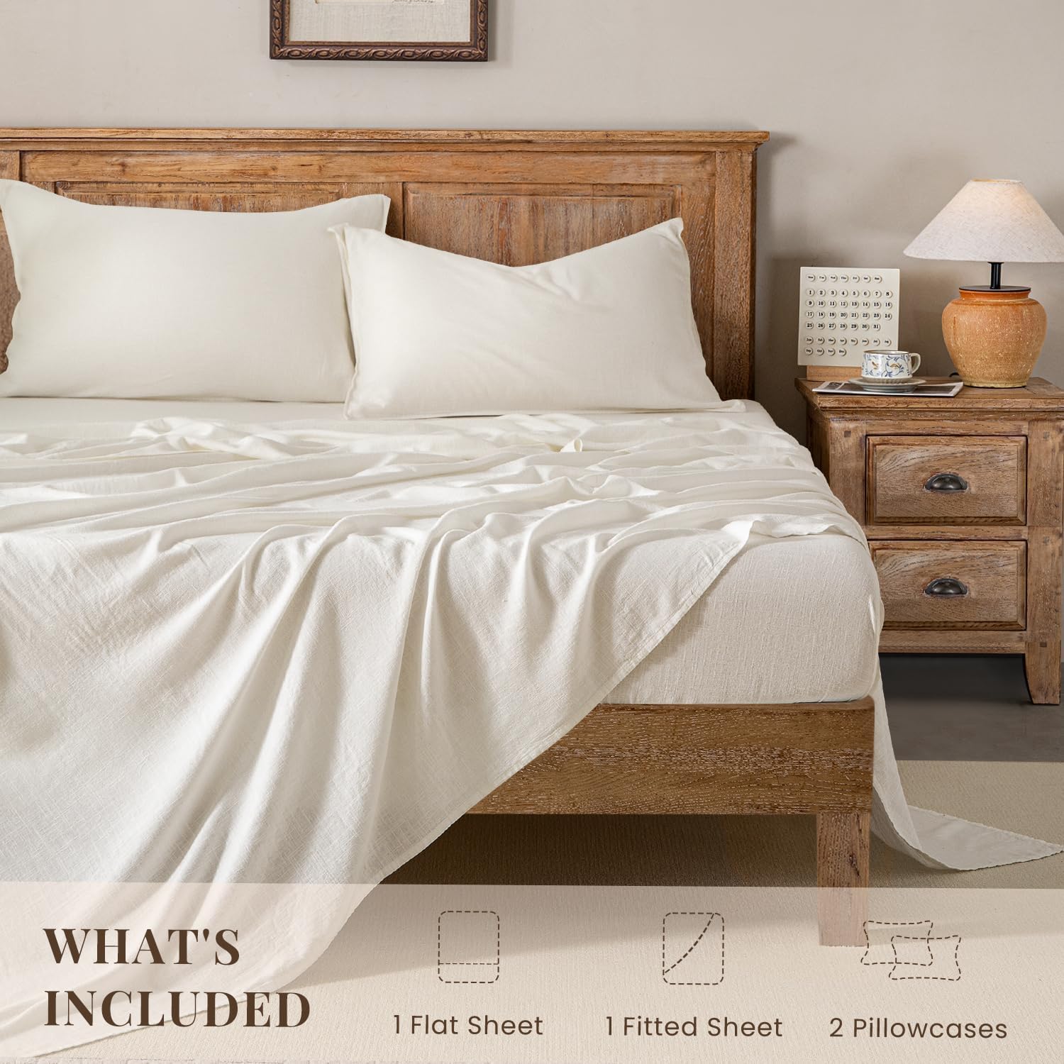 Linen Sheets Set Full Size, French Linen Blend Bed Sheets Set 4PC,16 Inch Deep Pocket Fitted Sheet,Cooling & Breathable Sheets for Hot Sleepers,Off White