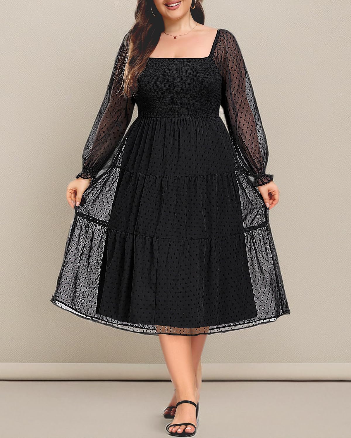 Women's Puff Sleeve Square Neck Mini Summer Sundress Chiffon Swiss Dot Flowy Smocked Dress - Image 6