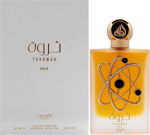 Frasco dourado Lattafa Tharwah Gold Eau de Parfum