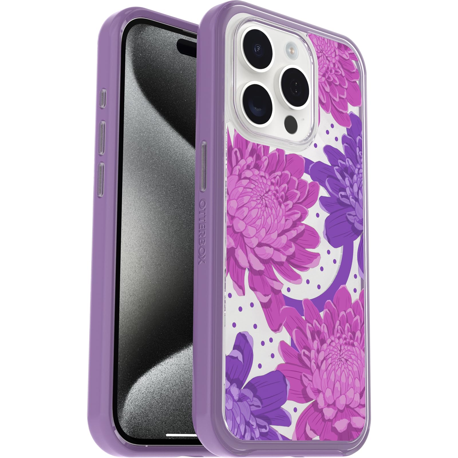 OtterBox Cover per Apple iPhone 15 Pro Symmetry Clear MagSafe, resistente a shock e cadute fino; sottile, testata 3x norme MIL-STD 810G, Papercut Flowers