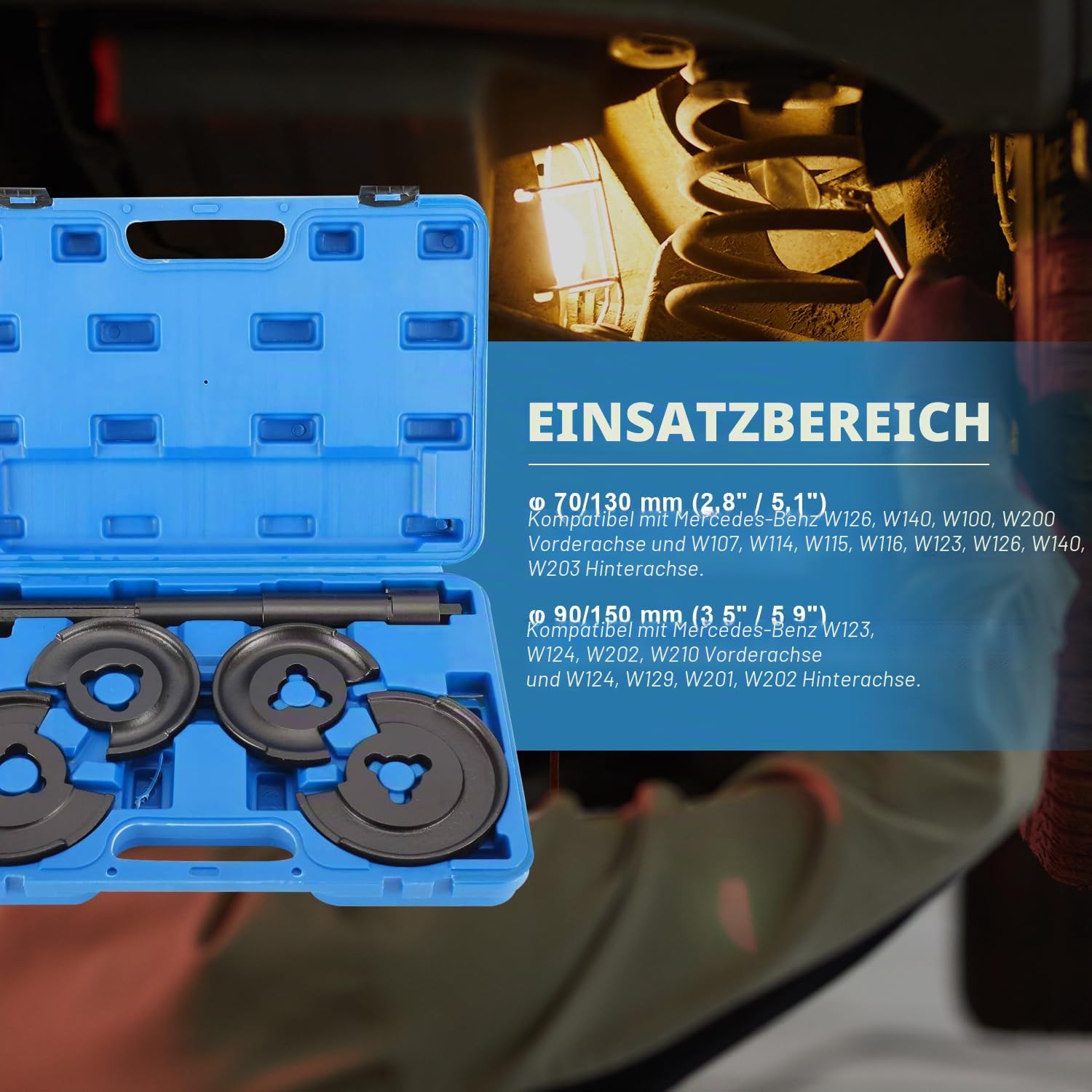 FreeTec Federspanner Kompatibel mit Mercedes Federn Spanner W116, W123, W124, W126, W129, W140, W170, W201, W202, W210 Teleskop
