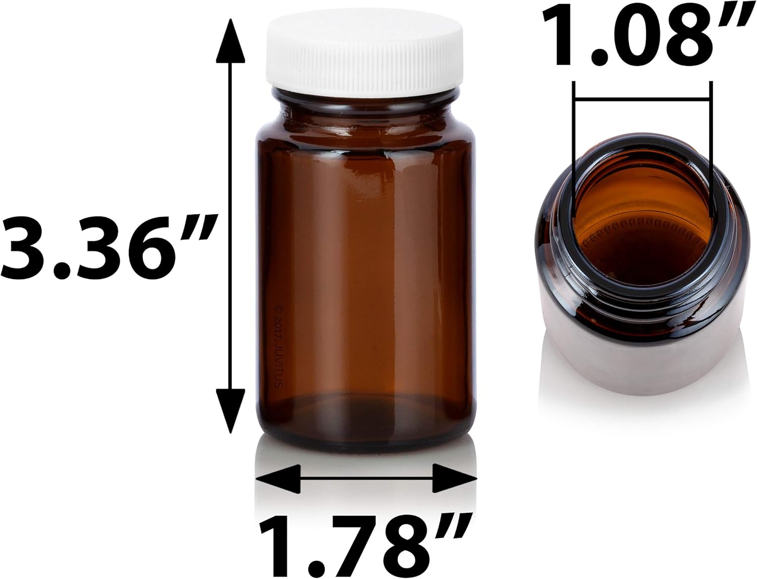JUVITUS 2.5 oz Amber Glass Wide Mouth Packer Bottle with White Lid (24 Pack)