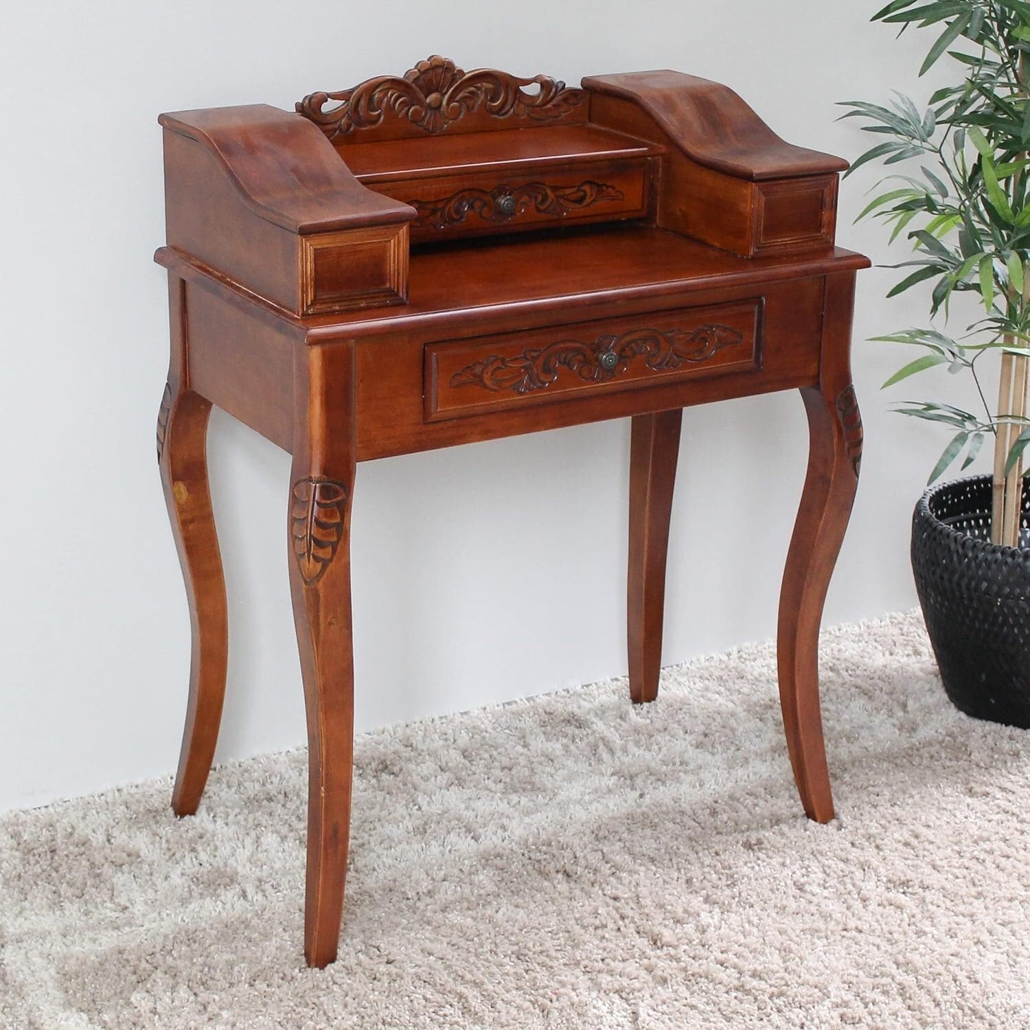 maykoosh carved wood telephone table - 2 drawer accent table - elegant design - entryway side table - living room decor