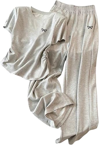 OYOANGLE Women's 2 Piece Outfits Bow Short Sleeve Side Ruched Tshirts and Wide L