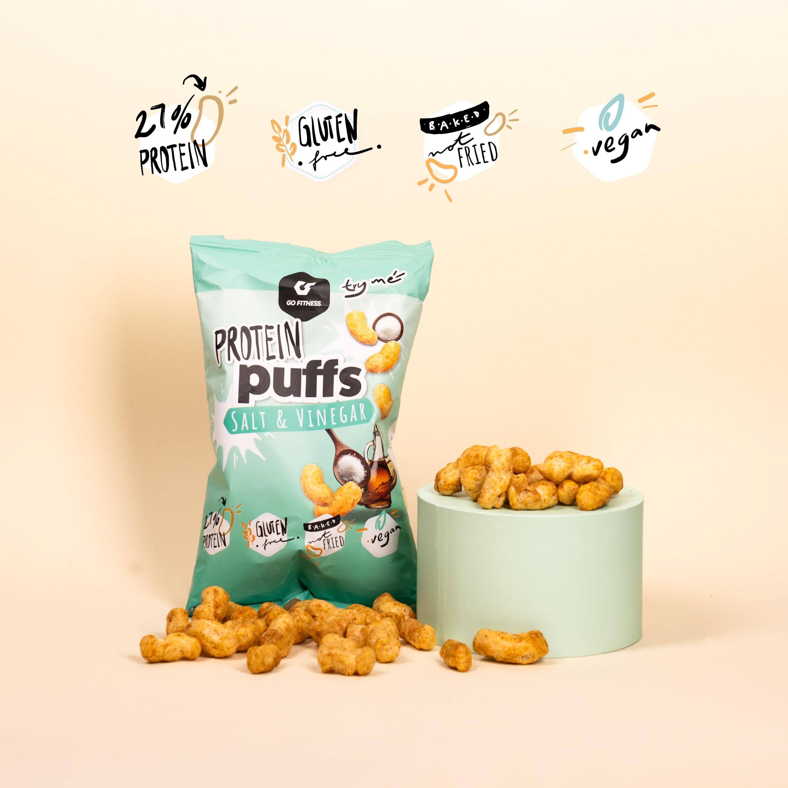 Go Fitness Nutrition – Protein Puffs – Salt & Vinegar – 6-Pack – Proteinreicher Snack, Wenig Zucker, Knusprig und Würzig