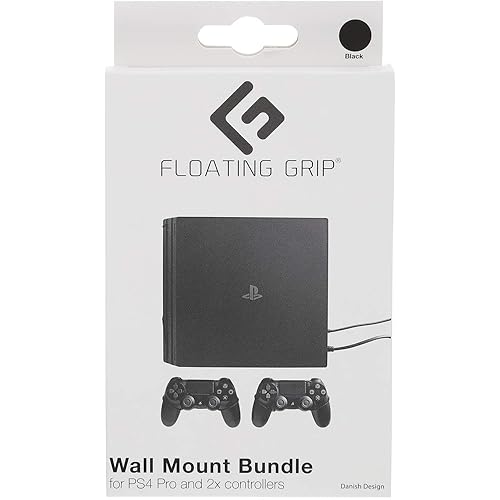 PlayStation 4 Pro Wall Mount Solution by FLOATING GRIP - Mounting Kit for Hanging PS4 Pro Gaming Console - Strong & Slim Ropes - Easy-to-Install (Bundle: Fits PS4 Pro + 2x Controllers, Black)