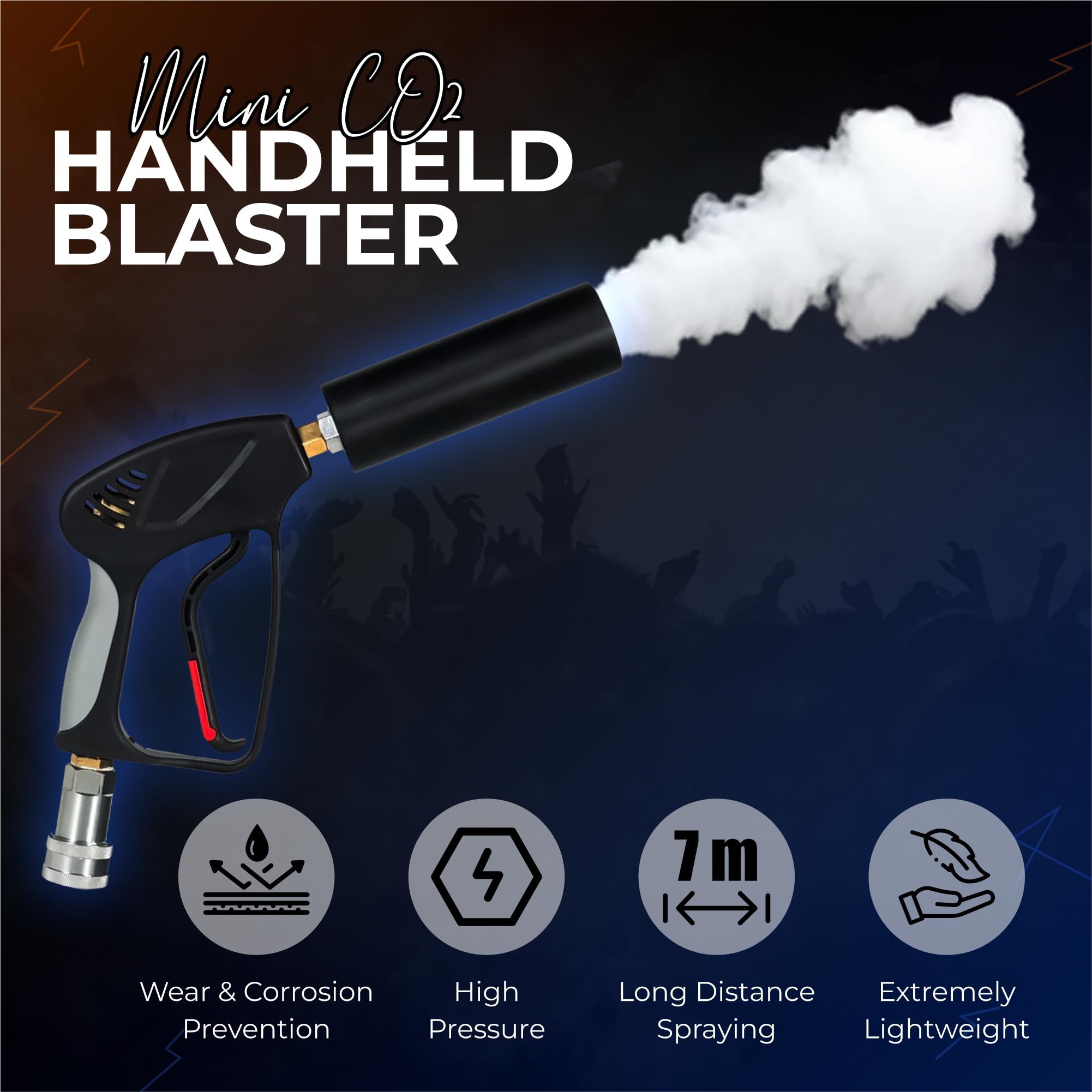Gun per feste di CO2 con portata di 6 m, cavo da 3 m + tubo di uscita No-Frost | cannone da DJ di alta qualità | adatto per DJ Club Stage palcoscenico | Jet Machine (Mini Gun)