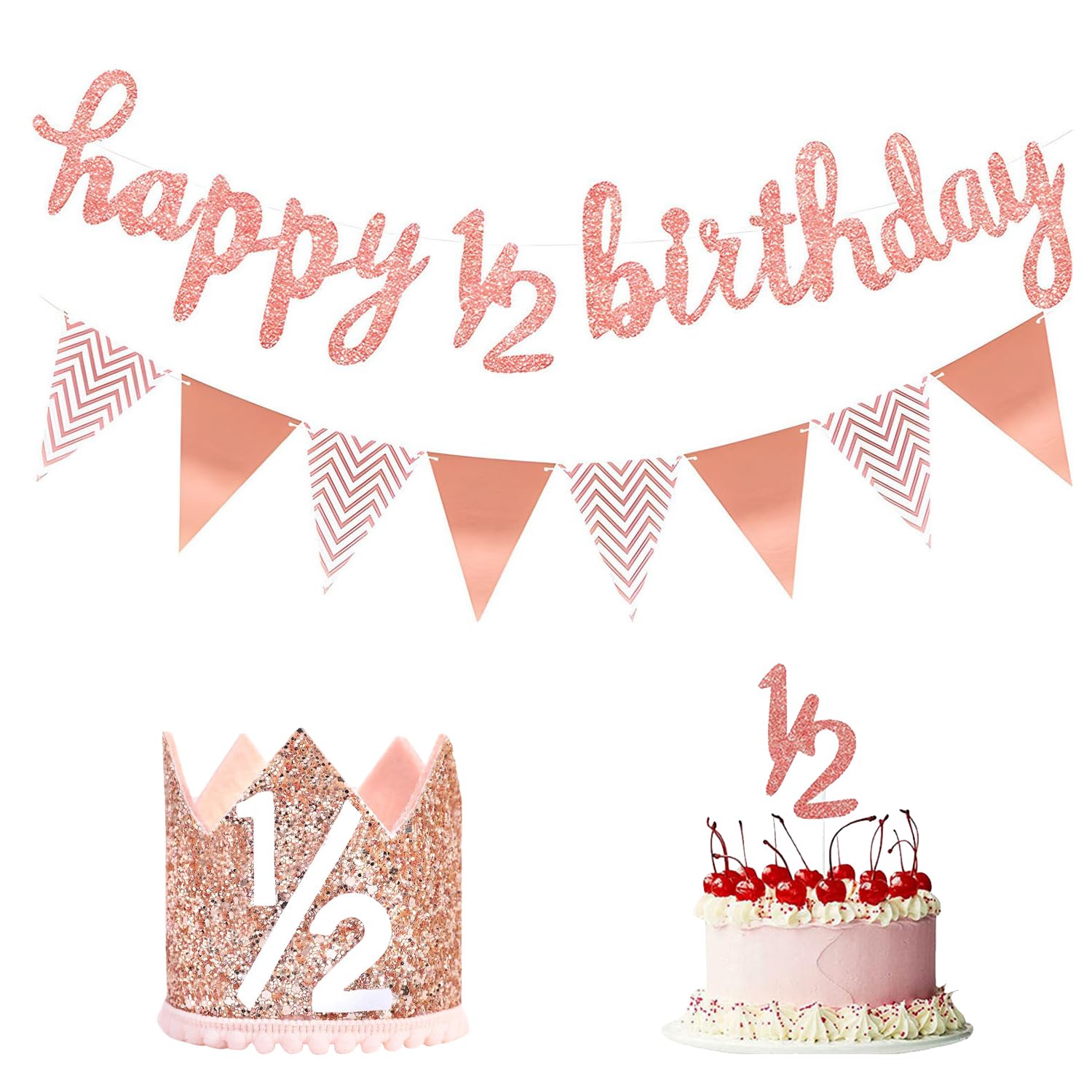 Half Birthday Decorations, Glitter Hat 1/2 Birthday Cake Topper and Triangle Flag Banner Decorations, 6 Months Decoration for Half Year Baby Shower Party