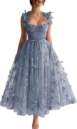 3D Butterfly Tulle Prom Dress 2025 A Line Floral Spaghetti Strap Pary Dresses for Teens