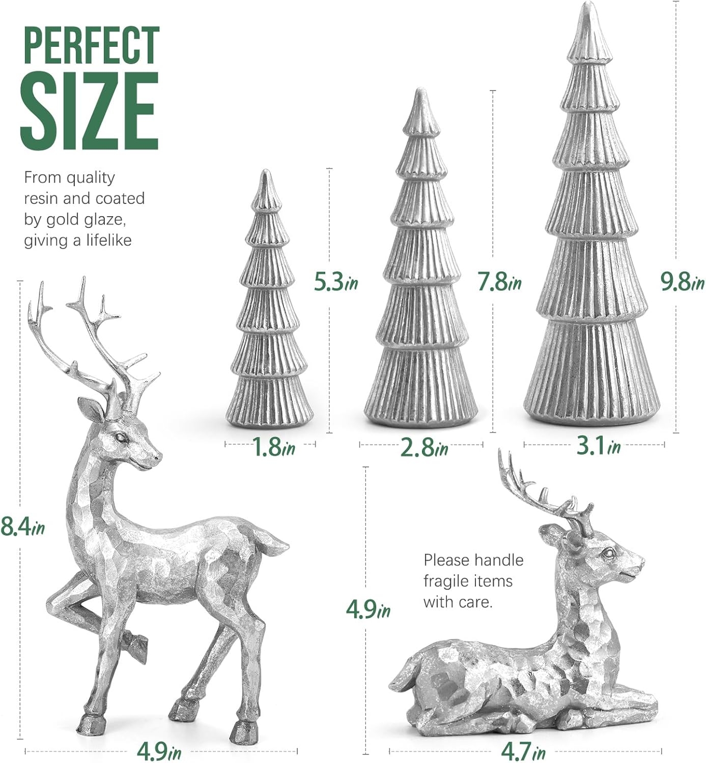 Hommtina Reindeer Christmas Decoration and Mini Christmas Trees,Christmas Reindeer Statues Lucky Reindeer Decor for Indoor Home Decor Tabletop Mantle Cabinet Desktop Office (Bright Silver)