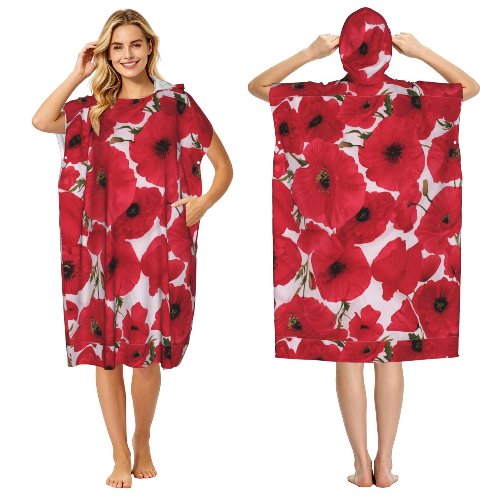 Poadnly Poppy Red, Adult Hooded Beach Towel 90 x 110 cm,Changing Bath Robe, Surf Poncho Towel For Women Men