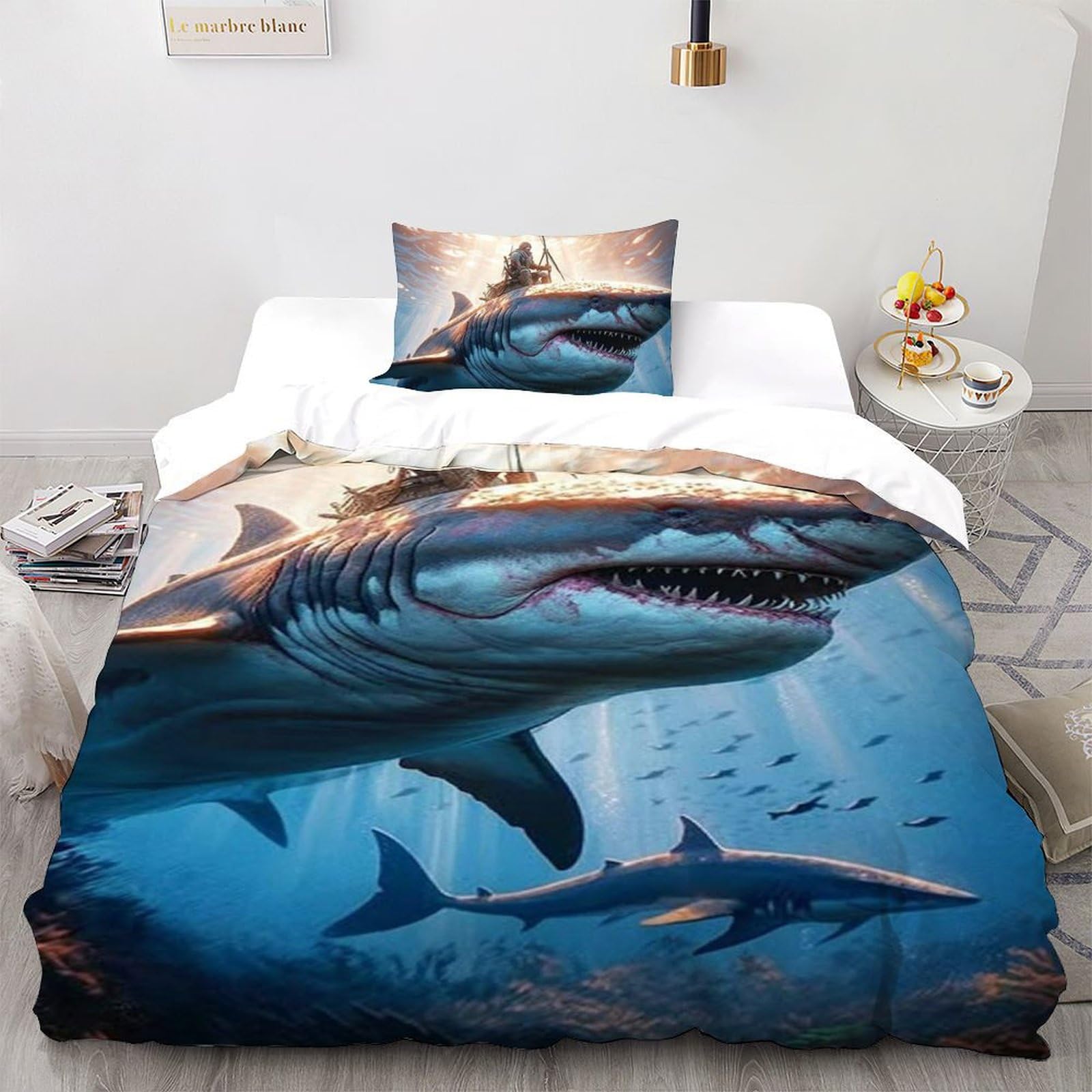 Housse de couette requin fermeture éclair facile à laver pour lit simple enfant